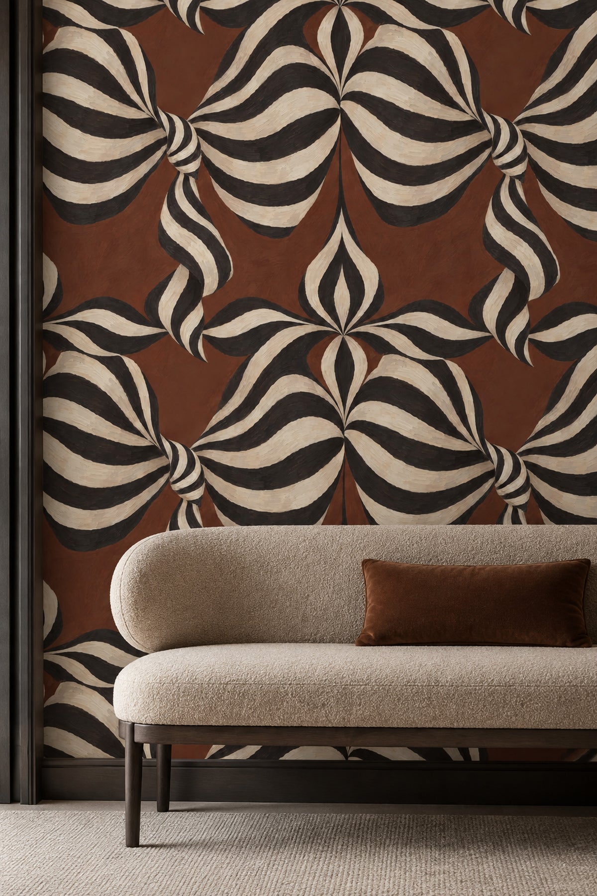 Wavy Ribbon Stripes Wallpaper Cream And Black On Brown