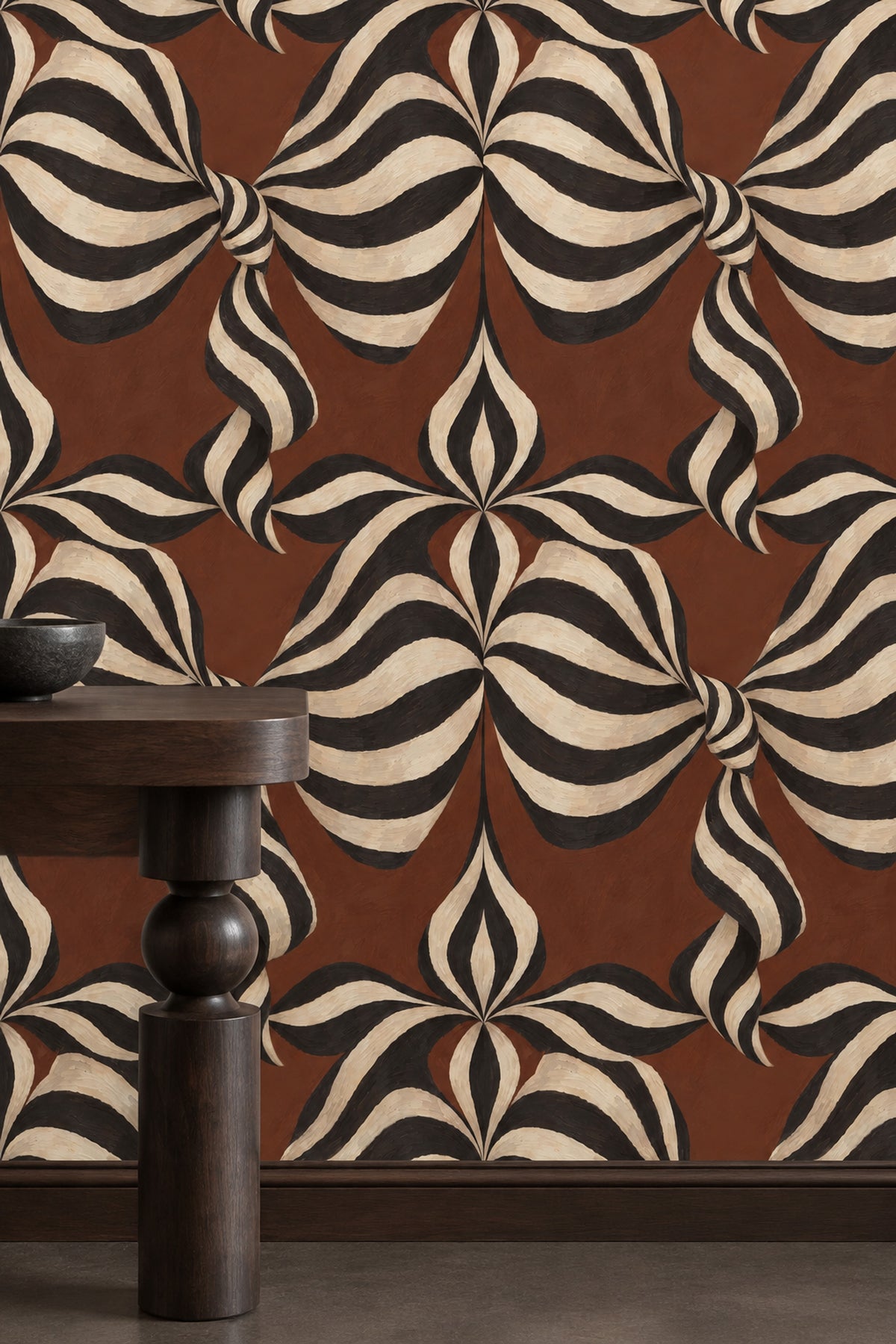 Wavy Ribbon Stripes Wallpaper Cream And Black On Brown