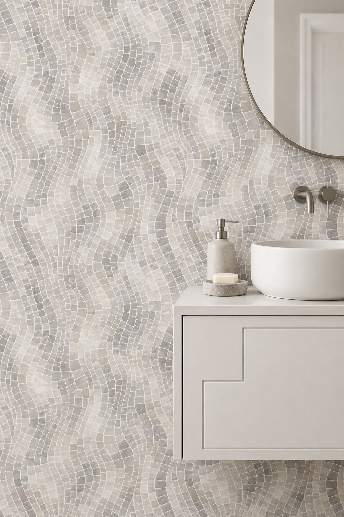 Stone Mosaic Wallpaper In Light Gray And Beige