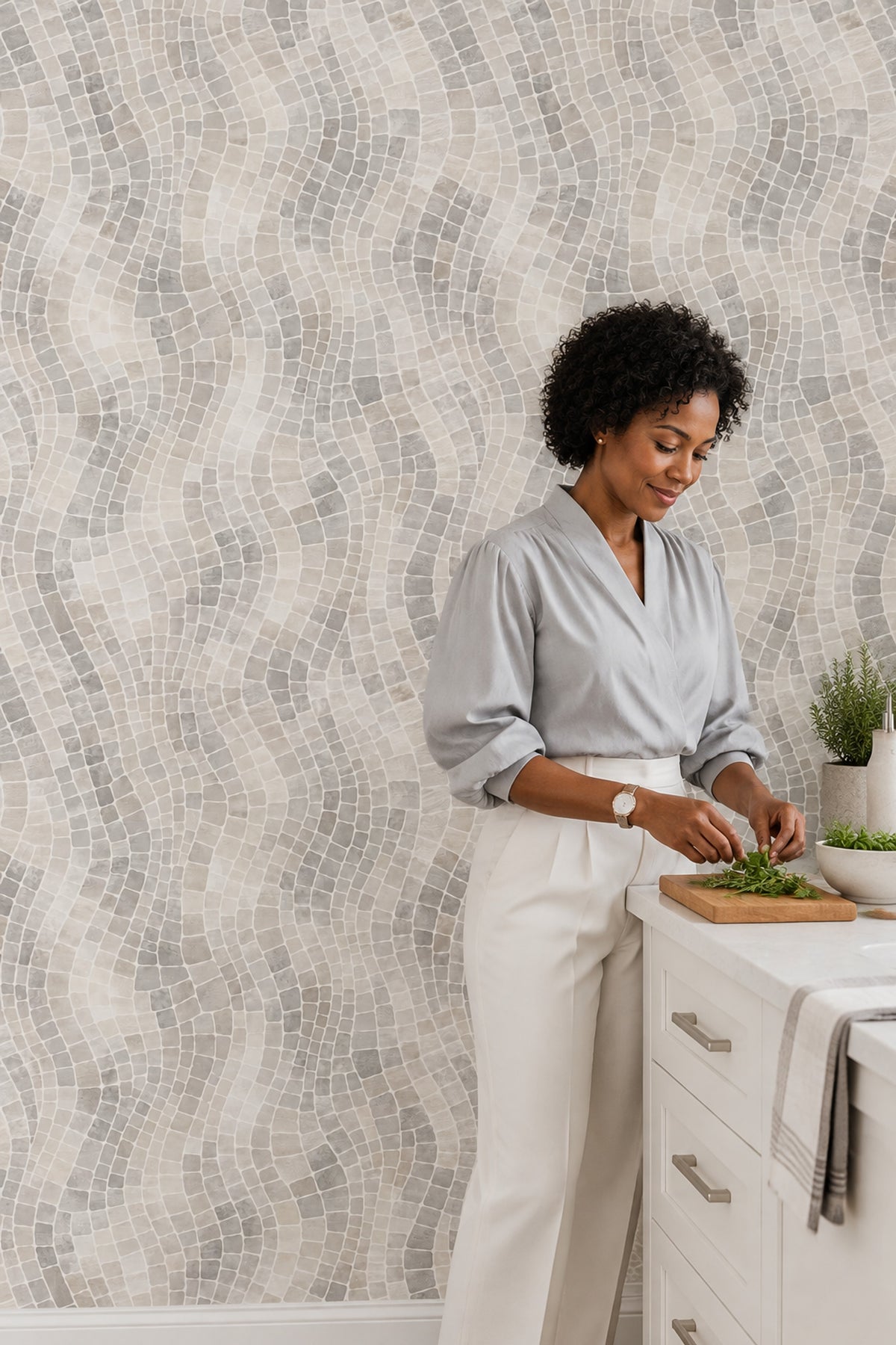 Stone Mosaic Wallpaper In Light Gray And Beige