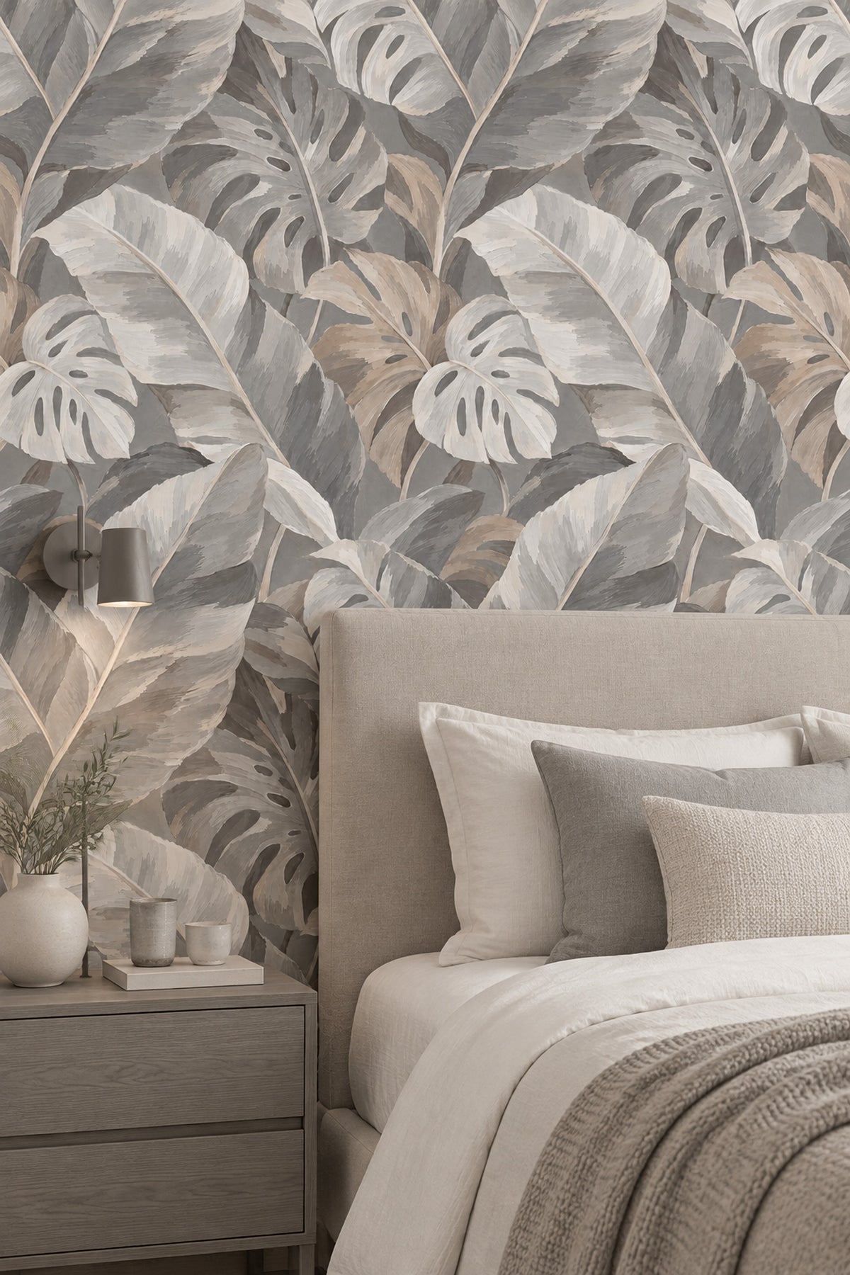 Monstera Tropical Leaves Wallpaper Neutral Gray Beige Painterly