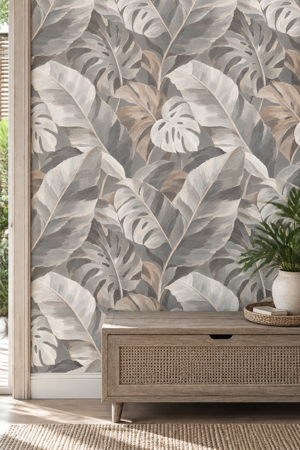Monstera Tropical Leaves Wallpaper Neutral Gray Beige Painterly