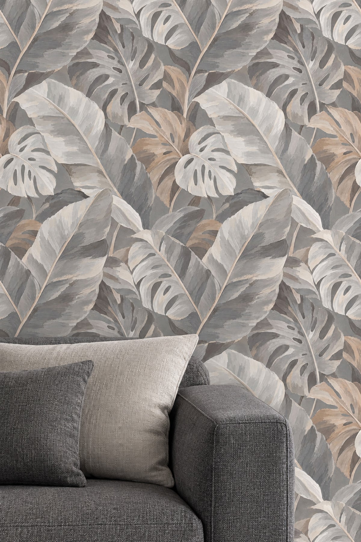Monstera Tropical Leaves Wallpaper Neutral Gray Beige Painterly