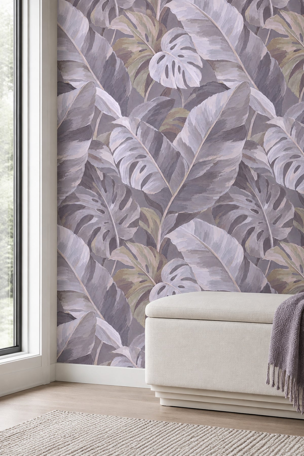 Muted Monstera Leaves Wallpaper Painterly Gray Foliage
