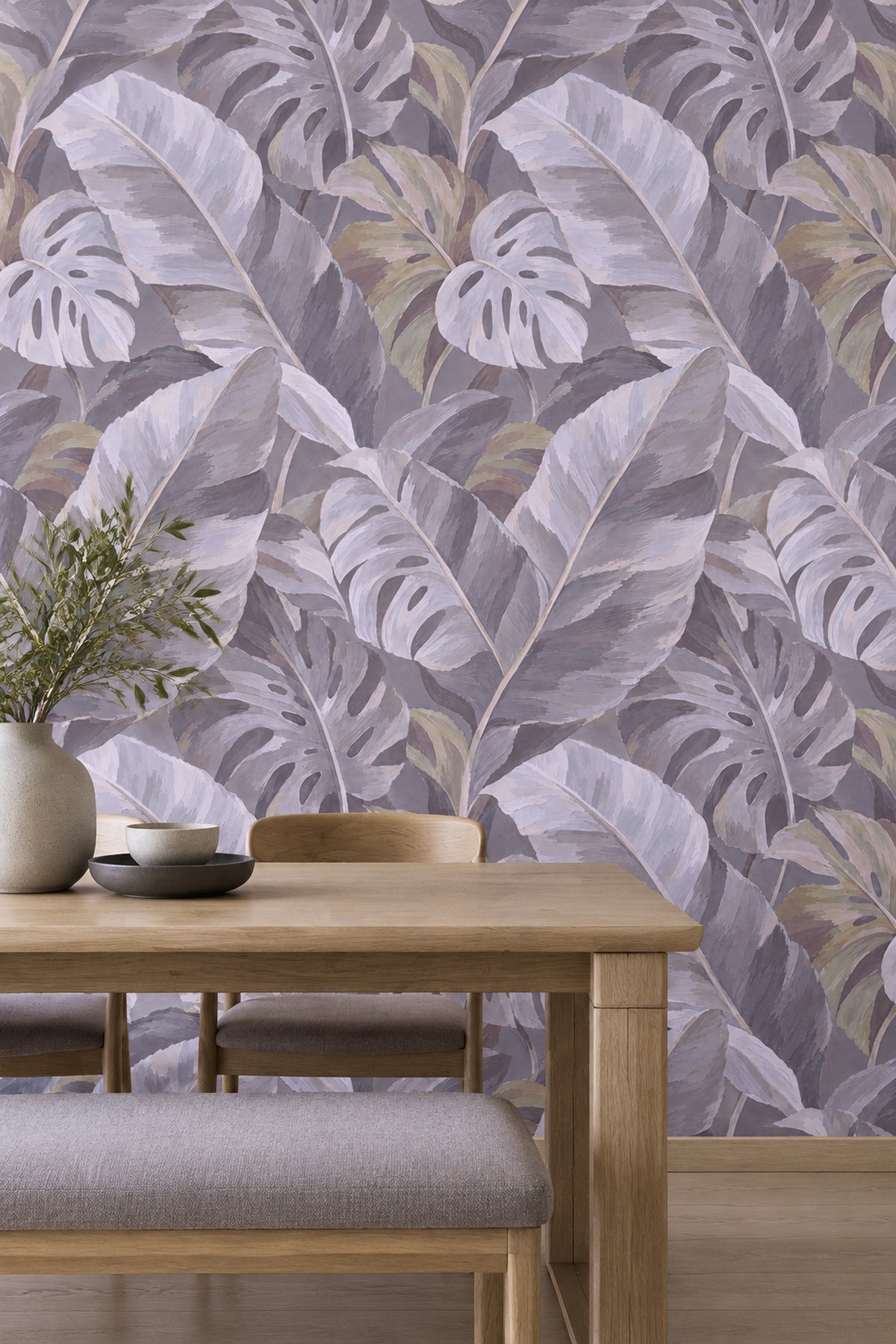 Muted Monstera Leaves Wallpaper Painterly Gray Foliage