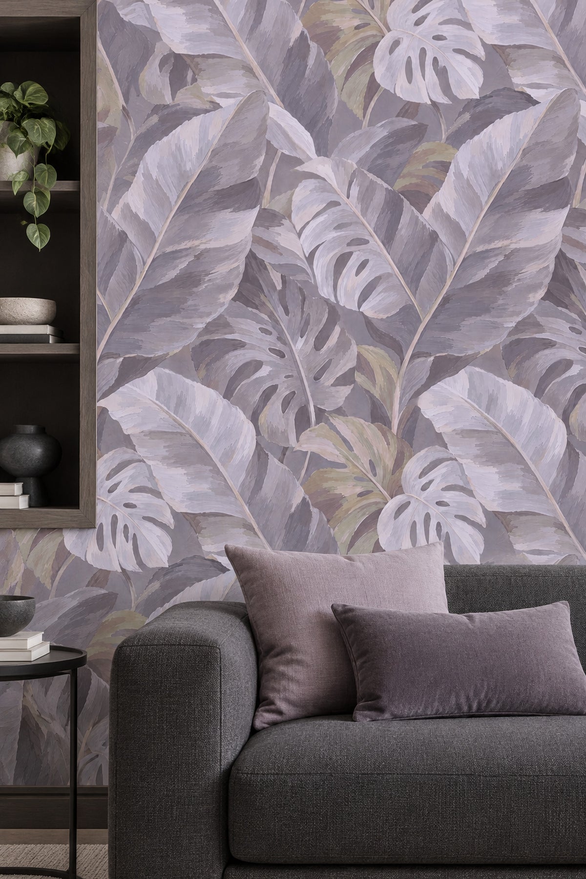 Muted Monstera Leaves Wallpaper Painterly Gray Foliage