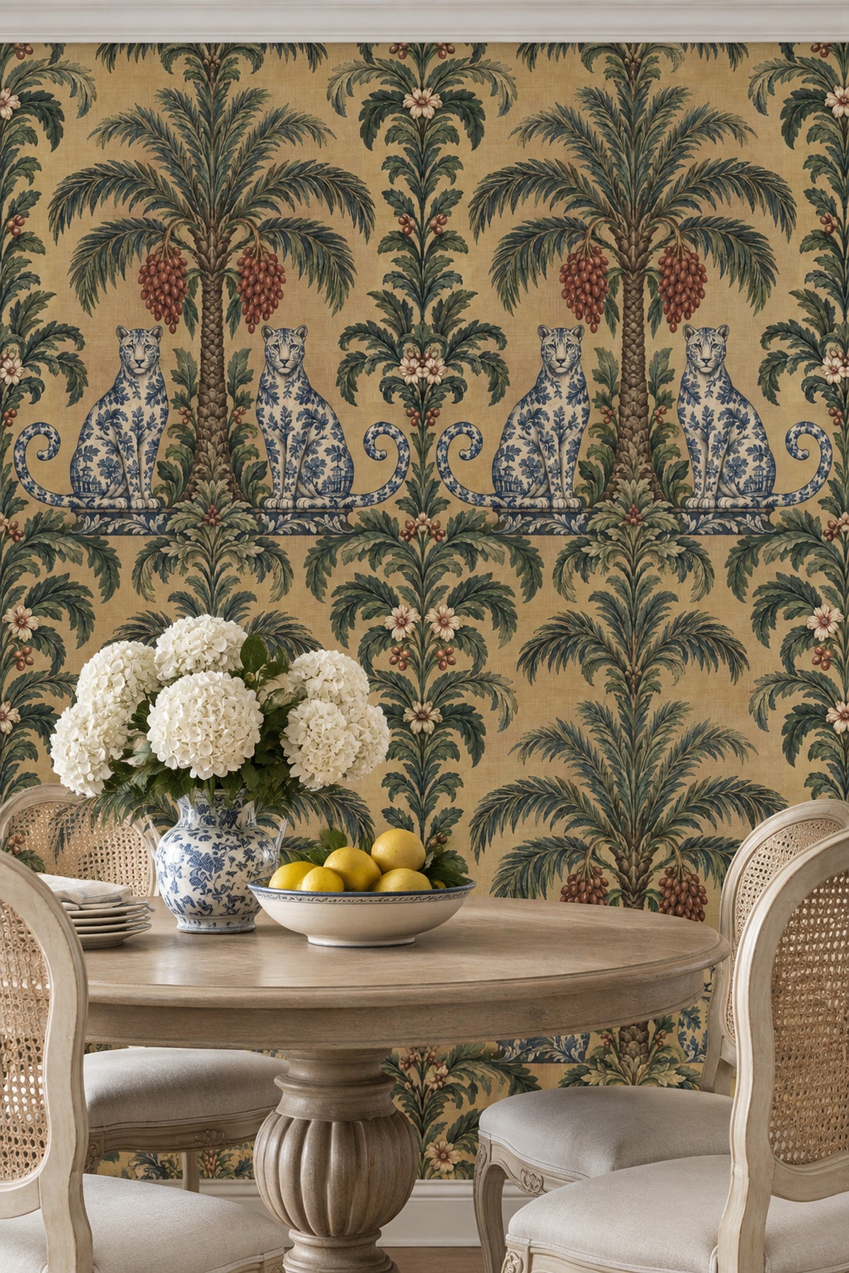 Palm Tree And Leopard Chinoiserie Wallpaper Tan Background