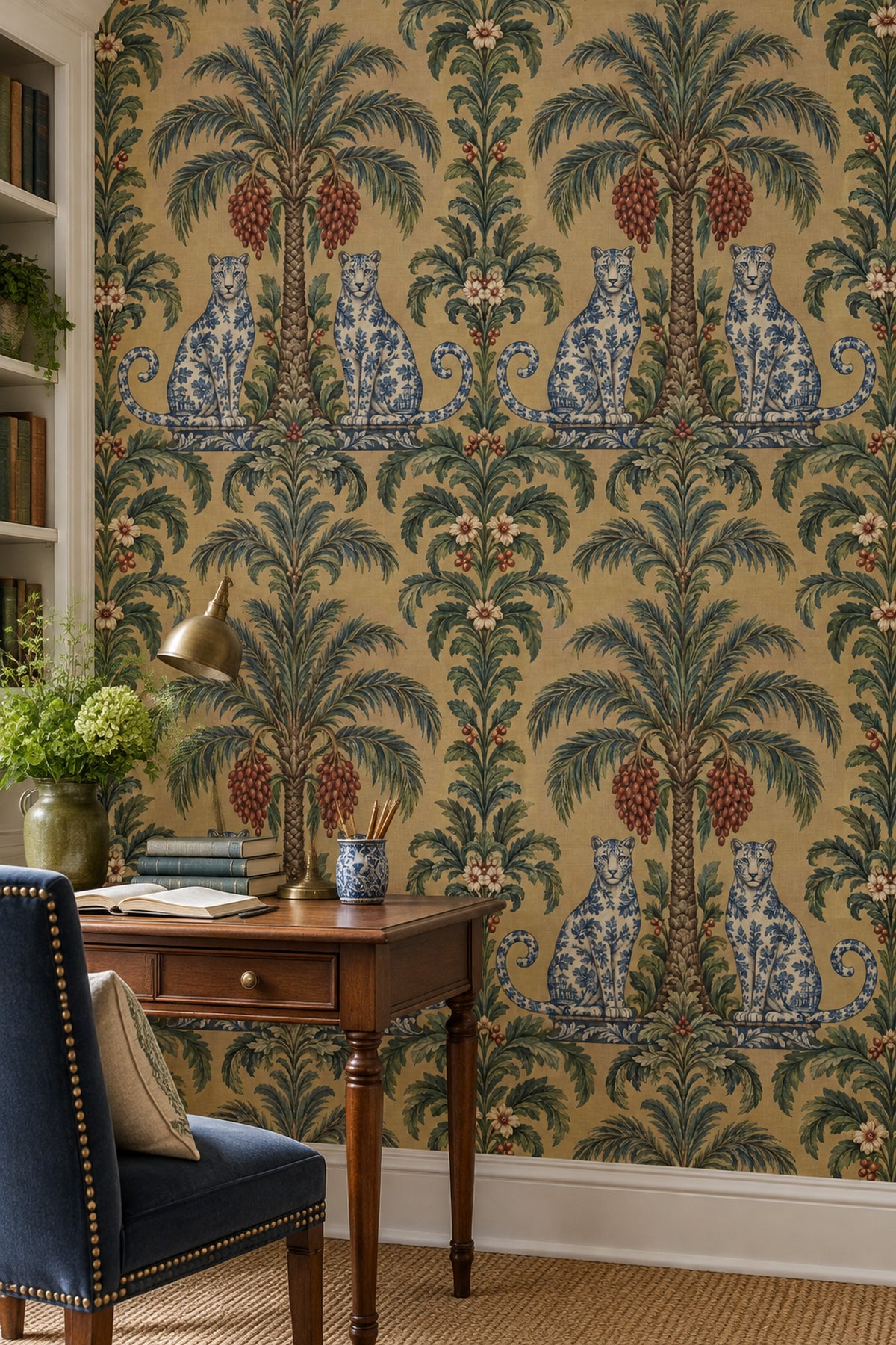 Palm Tree And Leopard Chinoiserie Wallpaper Tan Background