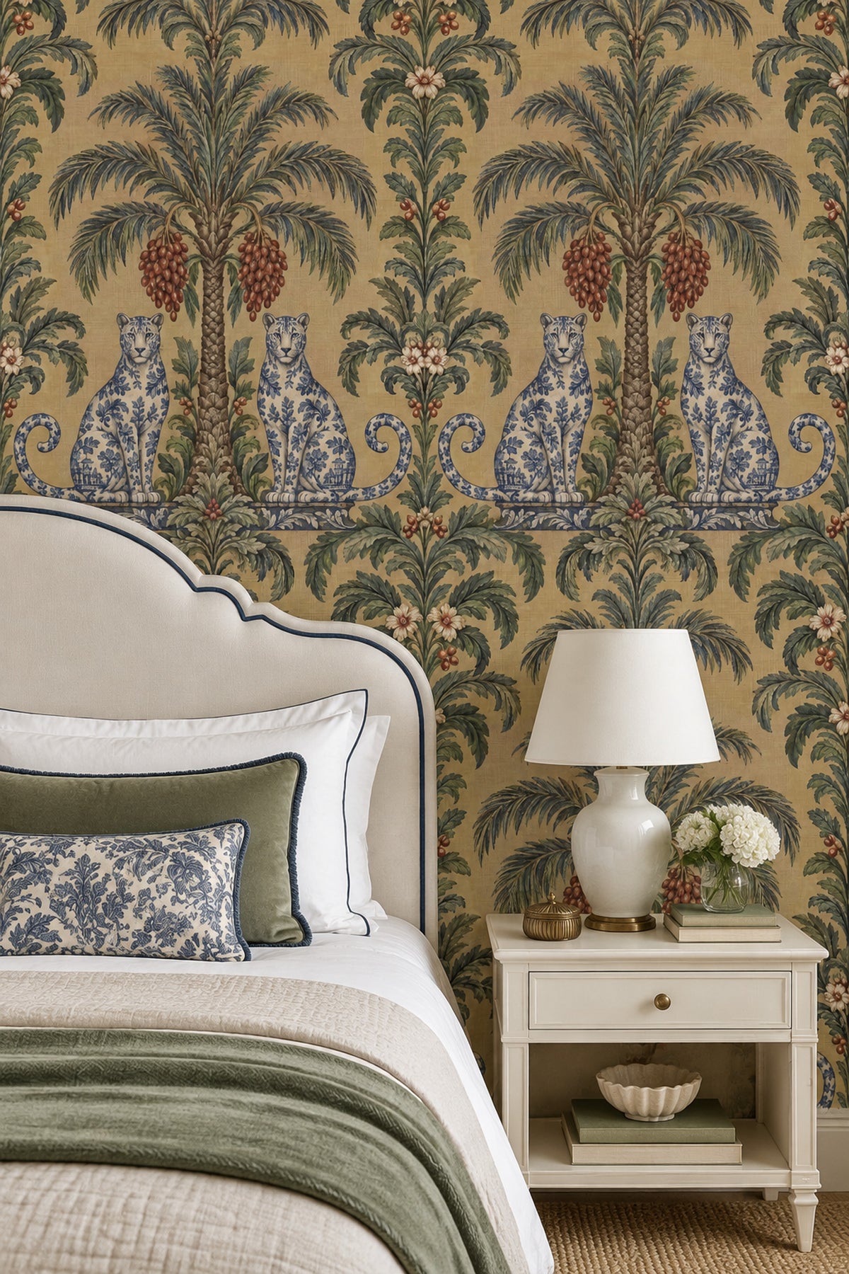 Palm Tree And Leopard Chinoiserie Wallpaper Tan Background