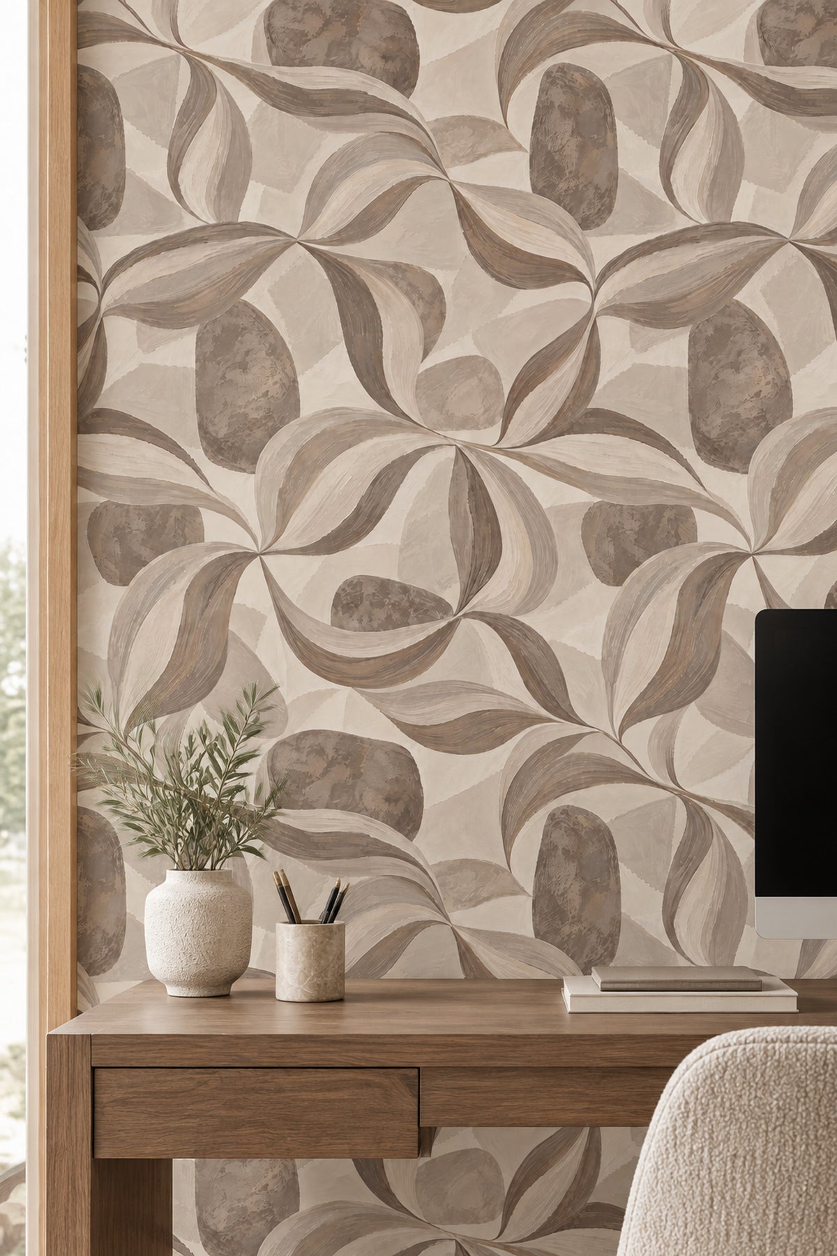 Painted Leaves Wallpaper In Beige Earth Tones