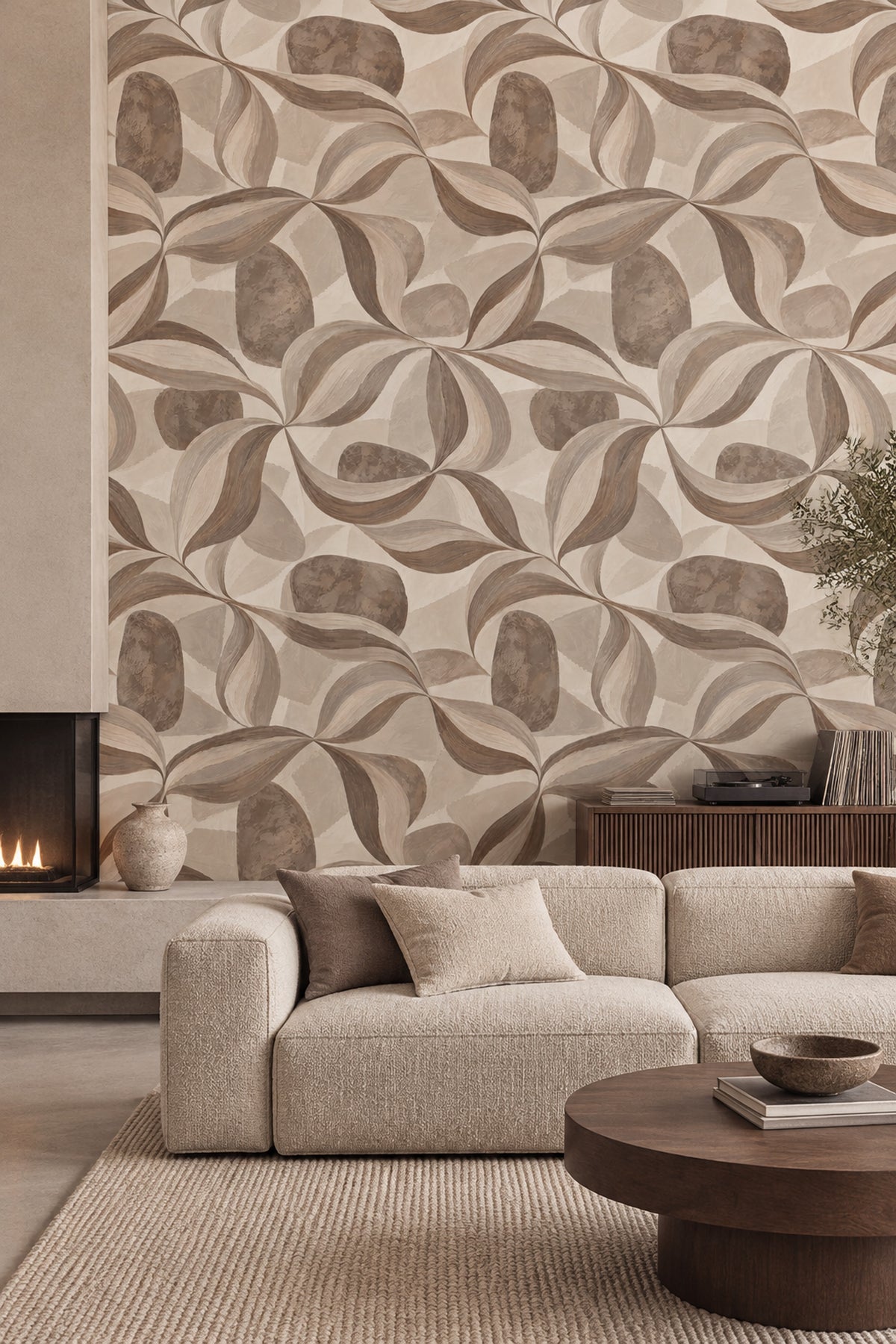 Painted Leaves Wallpaper In Beige Earth Tones
