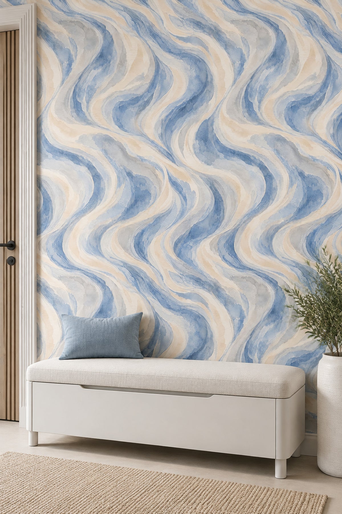 Flowing Watercolor Waves Wallpaper Blue Gray Marble Look