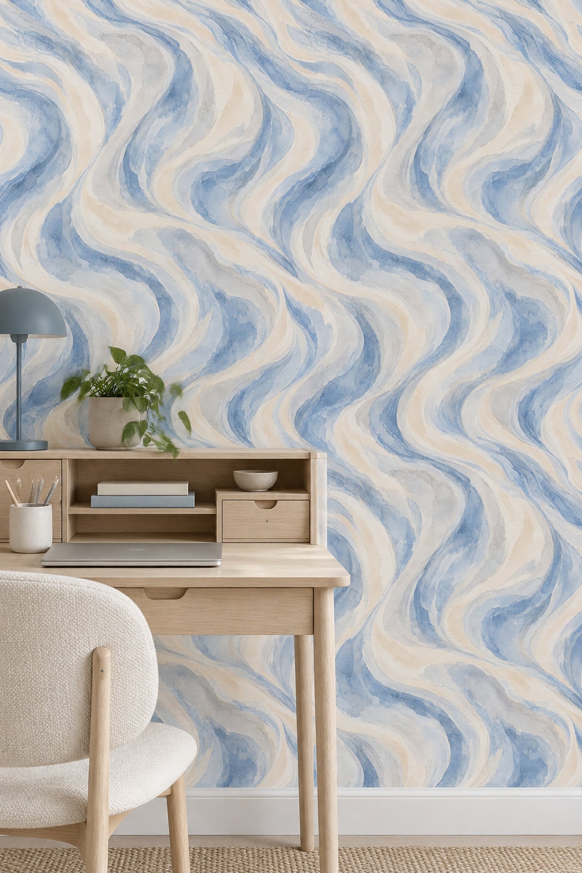 Flowing Watercolor Waves Wallpaper Blue Gray Marble Look