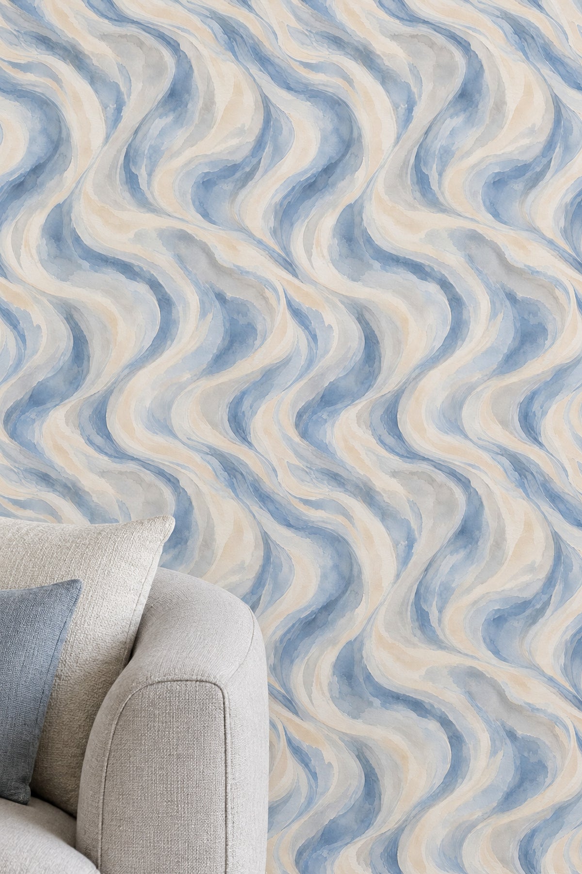 Flowing Watercolor Waves Wallpaper Blue Gray Marble Look