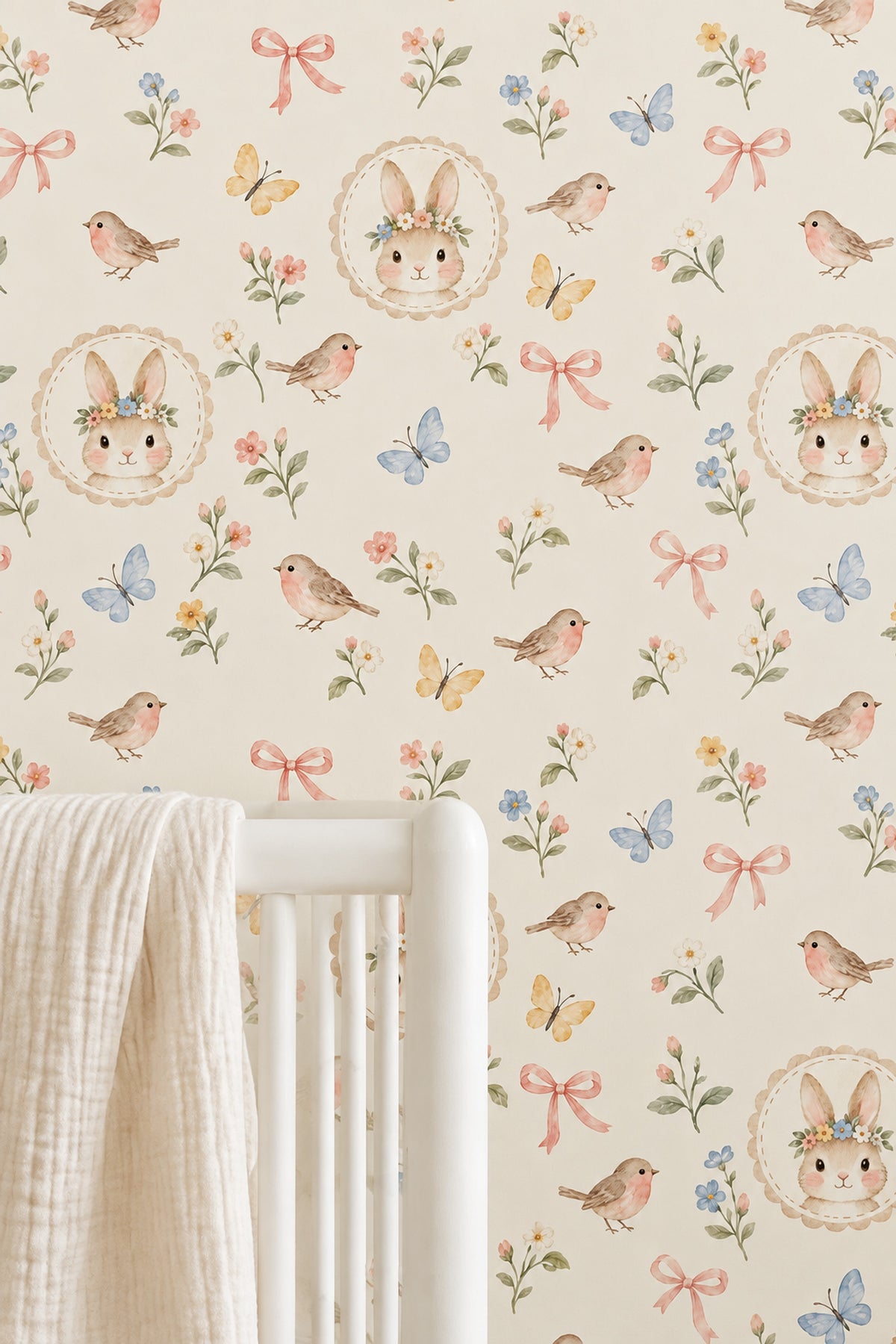 Floral Crown Bunny Wallpaper Pastel Watercolor Nursery Pattern