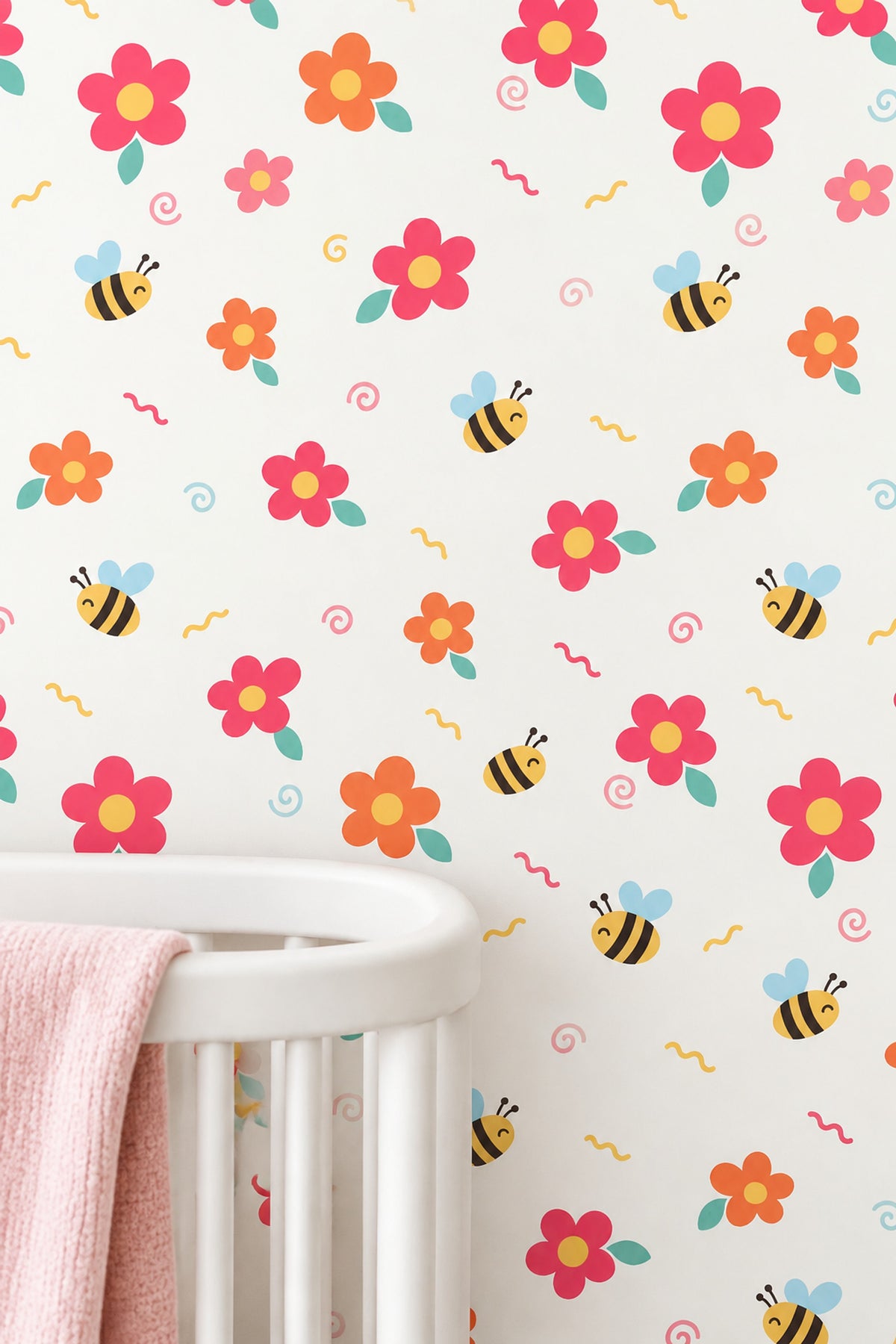 Cartoon Bees And Large Flowers Wallpaper Cream Background Pastels