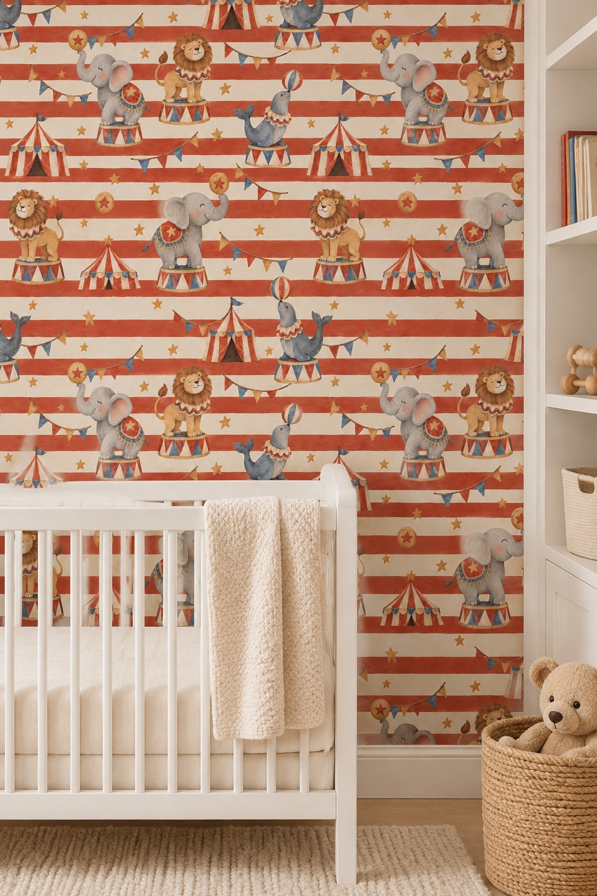 Circus Animals Wallpaper Red Stripes Watercolor