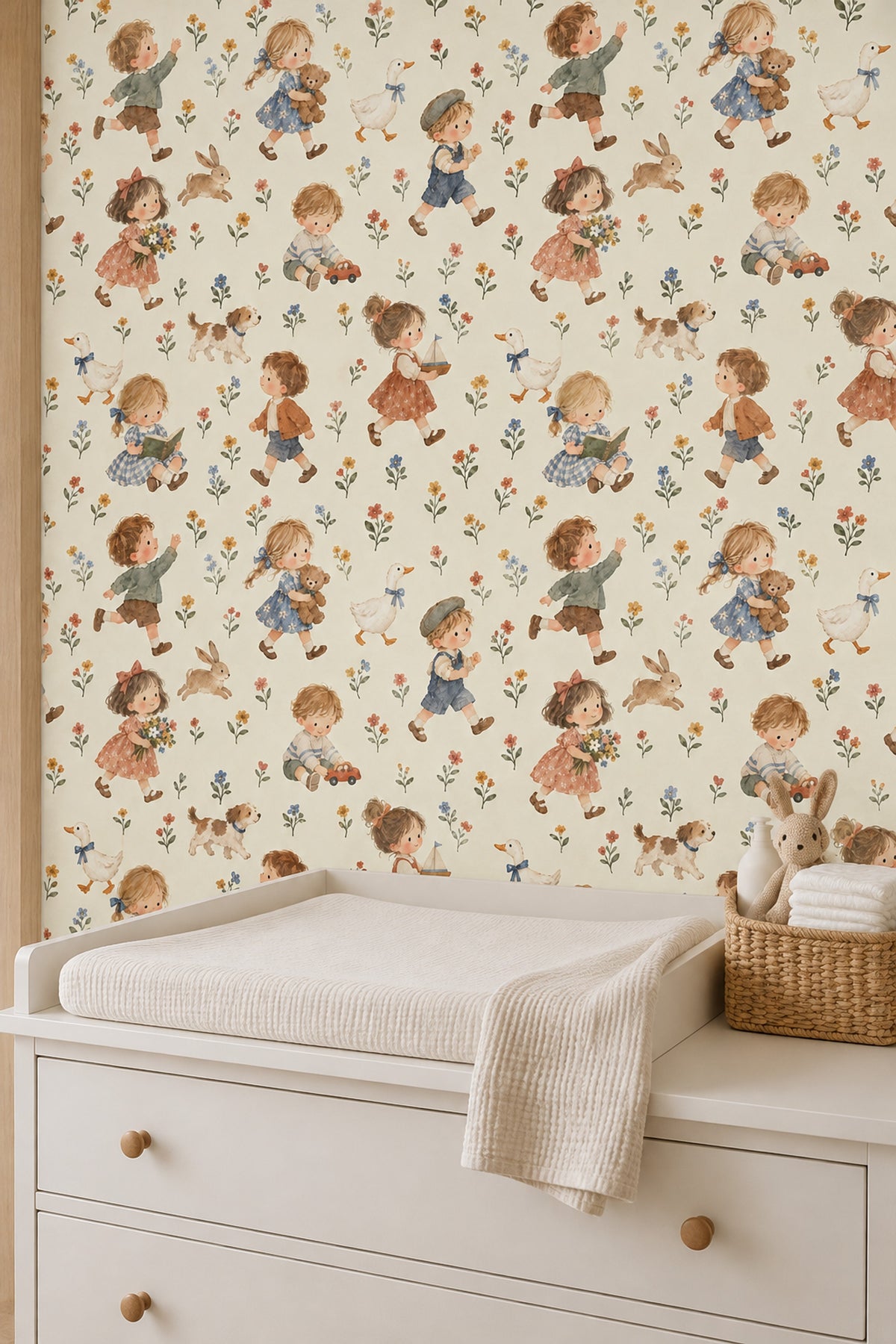 Watercolor Children And Animals Wallpaper Pastel Floral On Cream