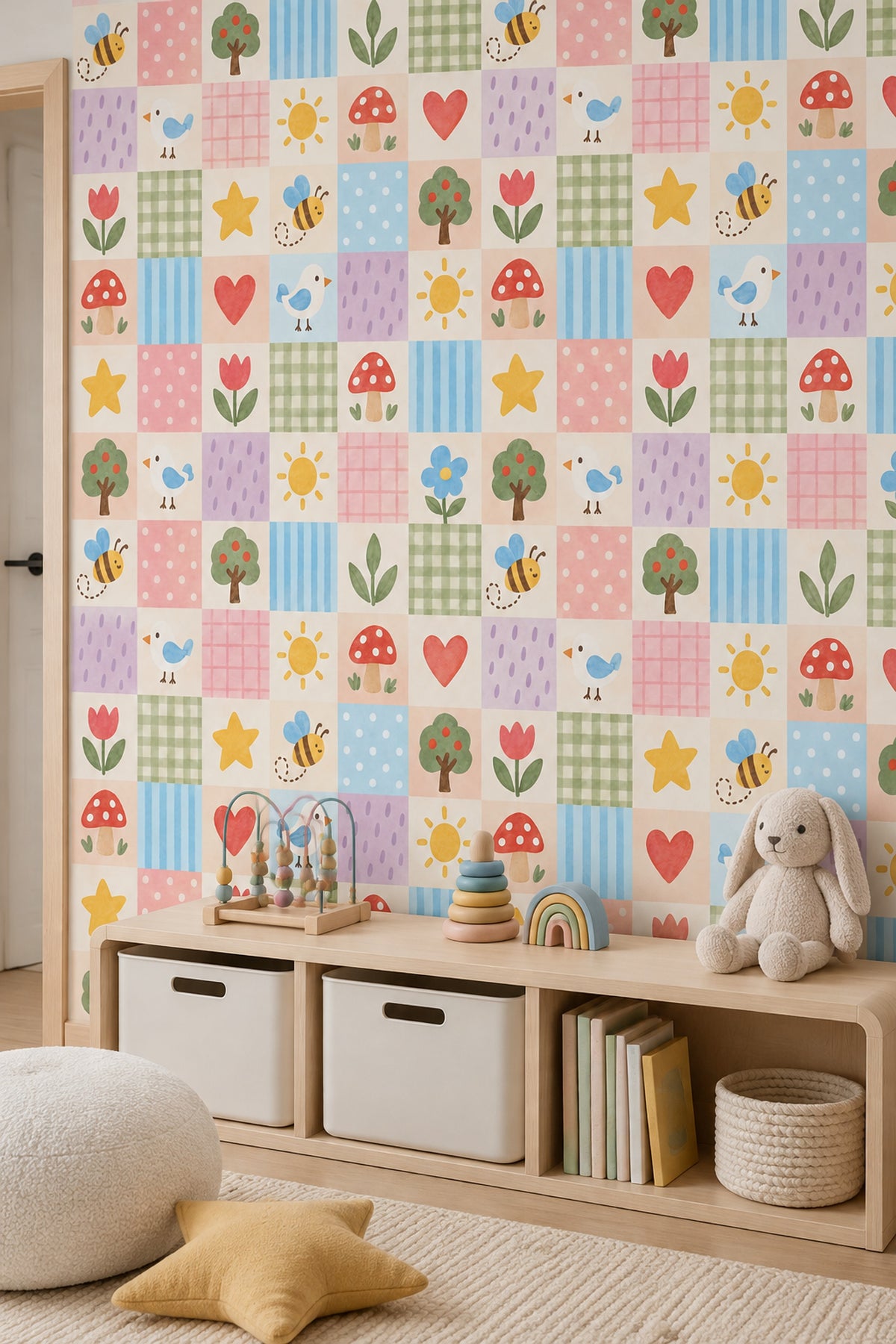 Bees And Birds Patchwork Wallpaper Pastel Watercolor Nursery Blocks