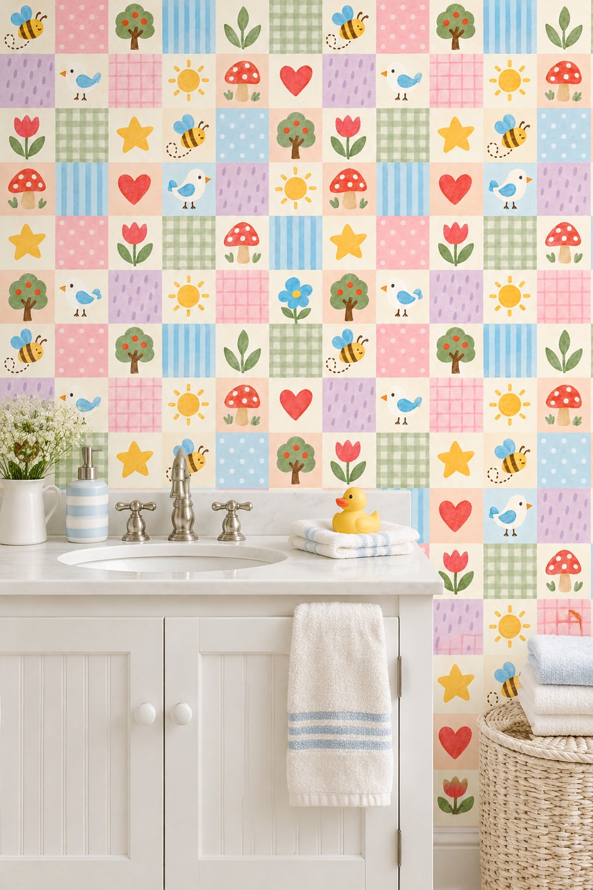 Bees And Birds Patchwork Wallpaper Pastel Watercolor Nursery Blocks