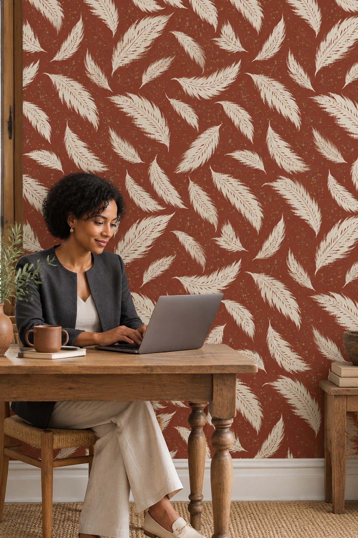 Ivory Feathers Wallpaper Terracotta Speckled Vintage Inspired Pattern