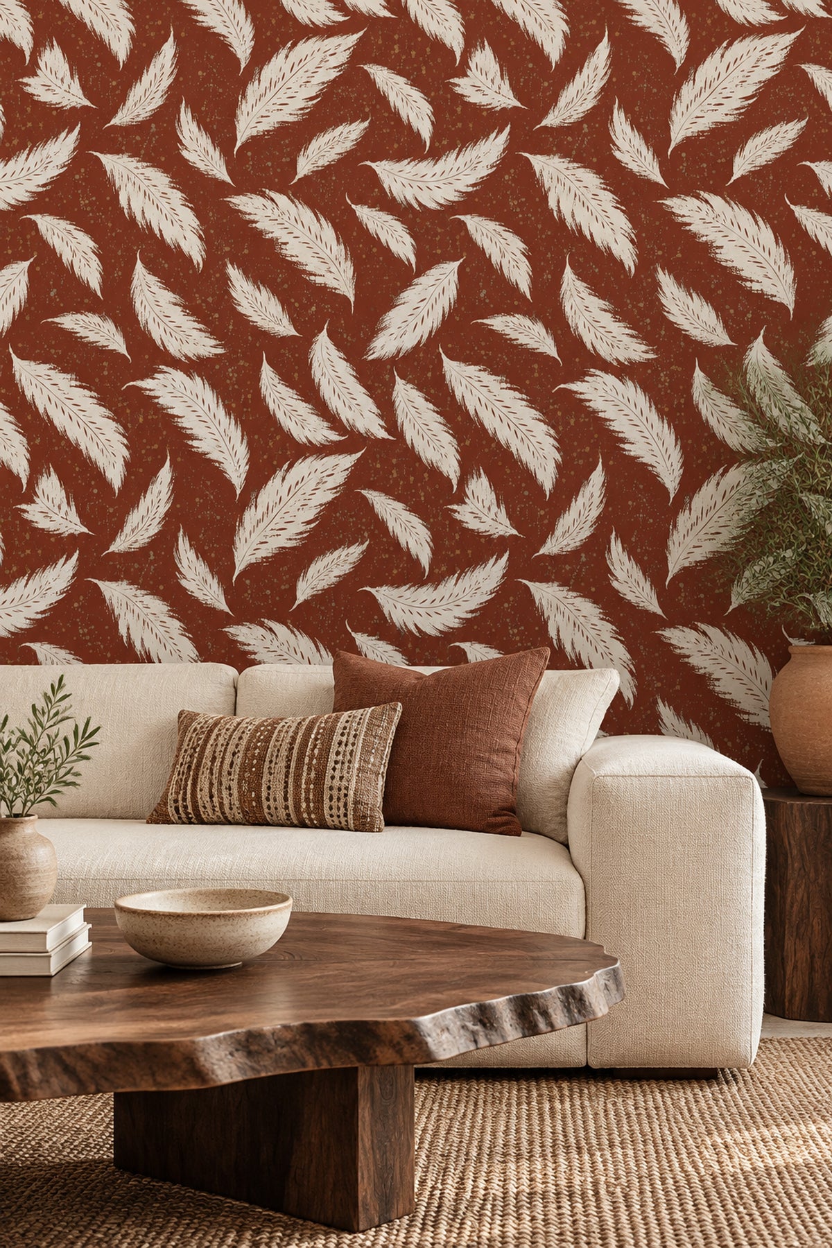 Ivory Feathers Wallpaper Terracotta Speckled Vintage Inspired Pattern