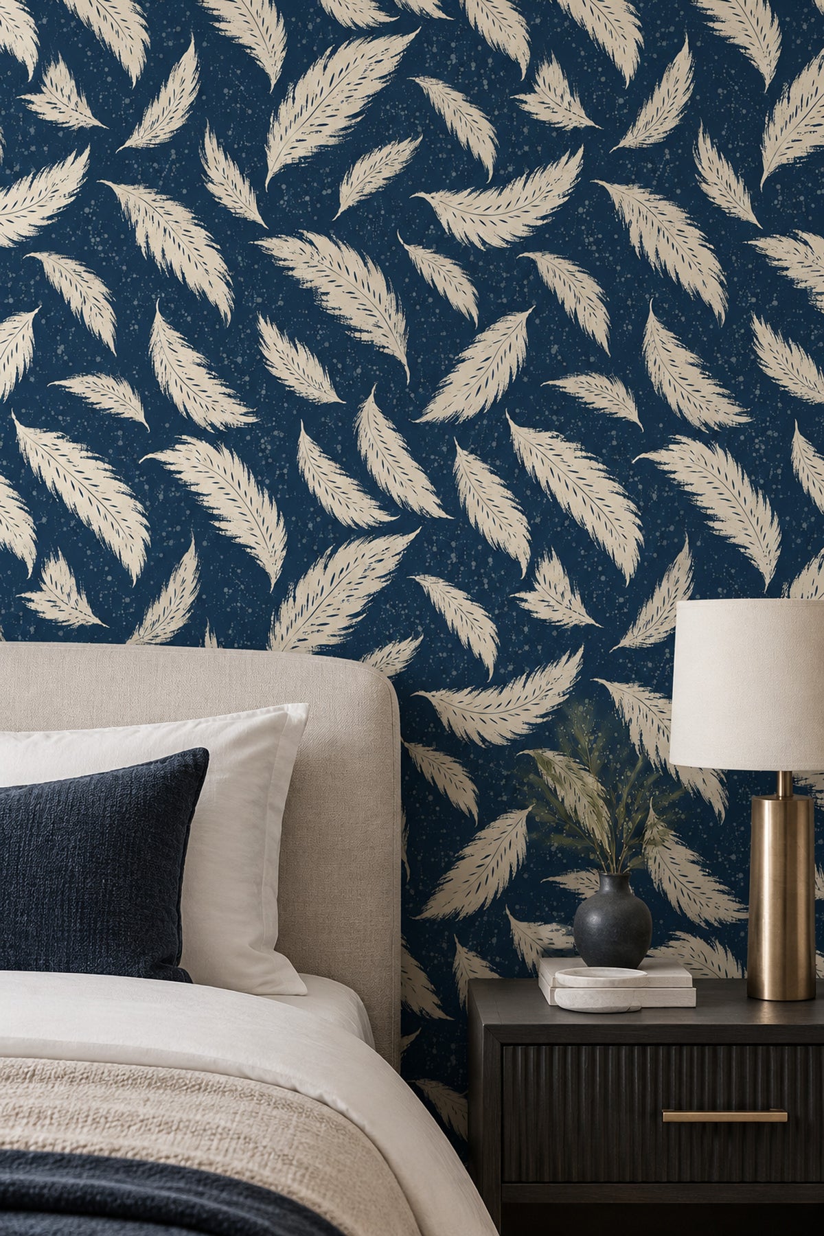 Cream Feather Wallpaper On Dark Navy Speckled Background