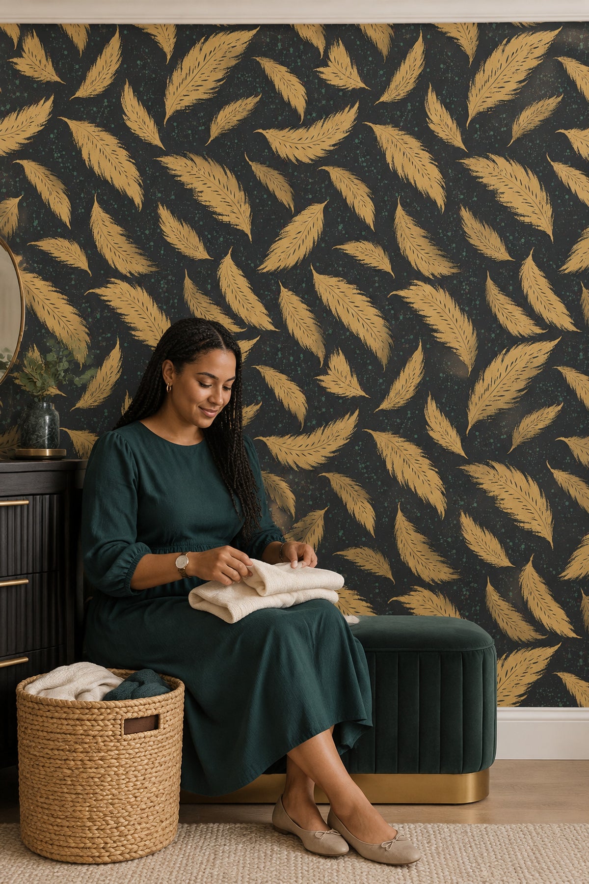 Gold Feathers Wallpaper Dark Black Background With Speckled Paint