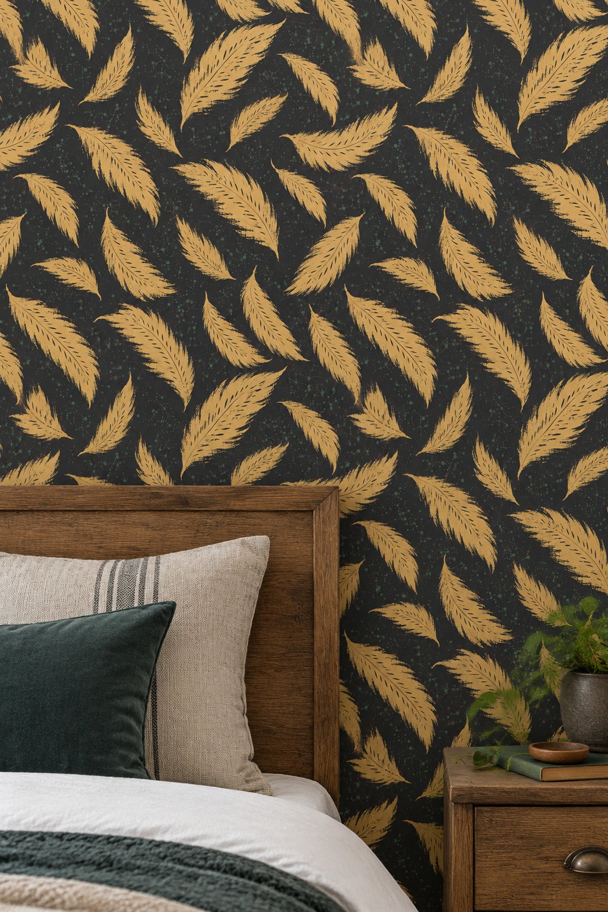 Gold Feathers Wallpaper Dark Black Background With Speckled Paint