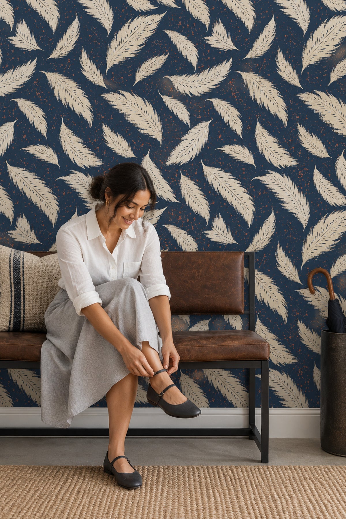 Cream Feather Wallpaper Navy Background With Speckled Paint