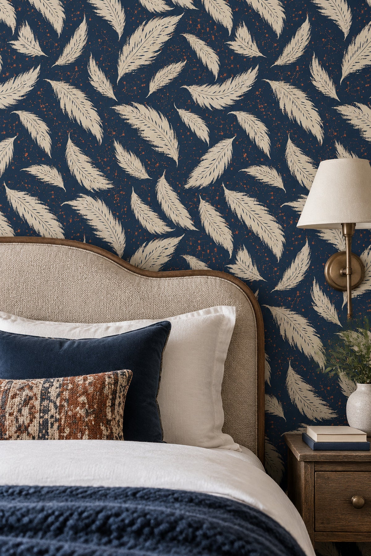 Cream Feather Wallpaper Navy Background With Speckled Paint