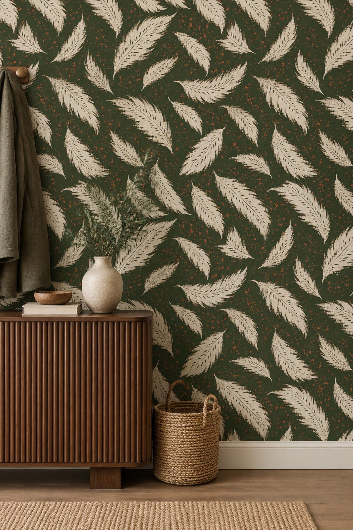 Cream Feather Wallpaper Dark Green Bohemian Repeat