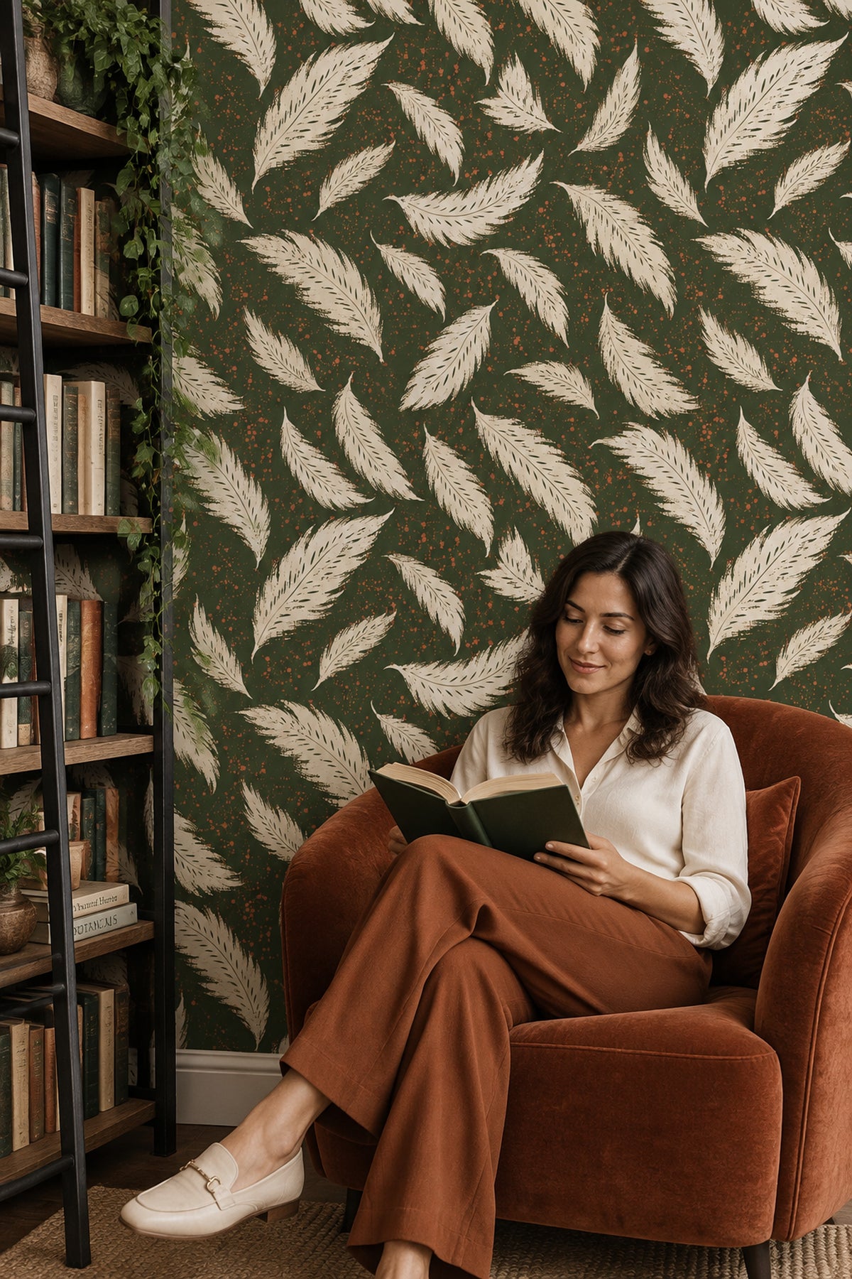Cream Feather Wallpaper Dark Green Bohemian Repeat