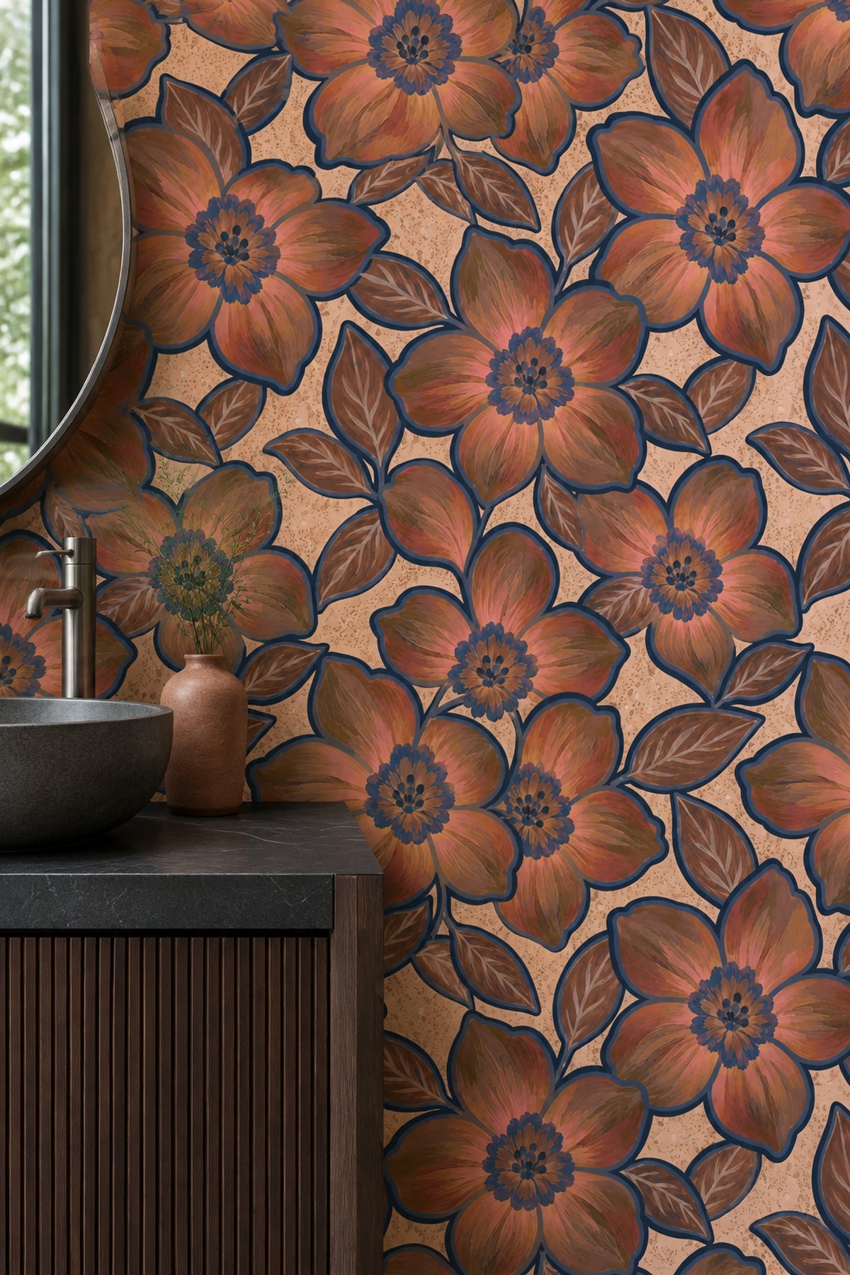 Oversized Floral Wallpaper In Earthy Tones With Navy Outlines