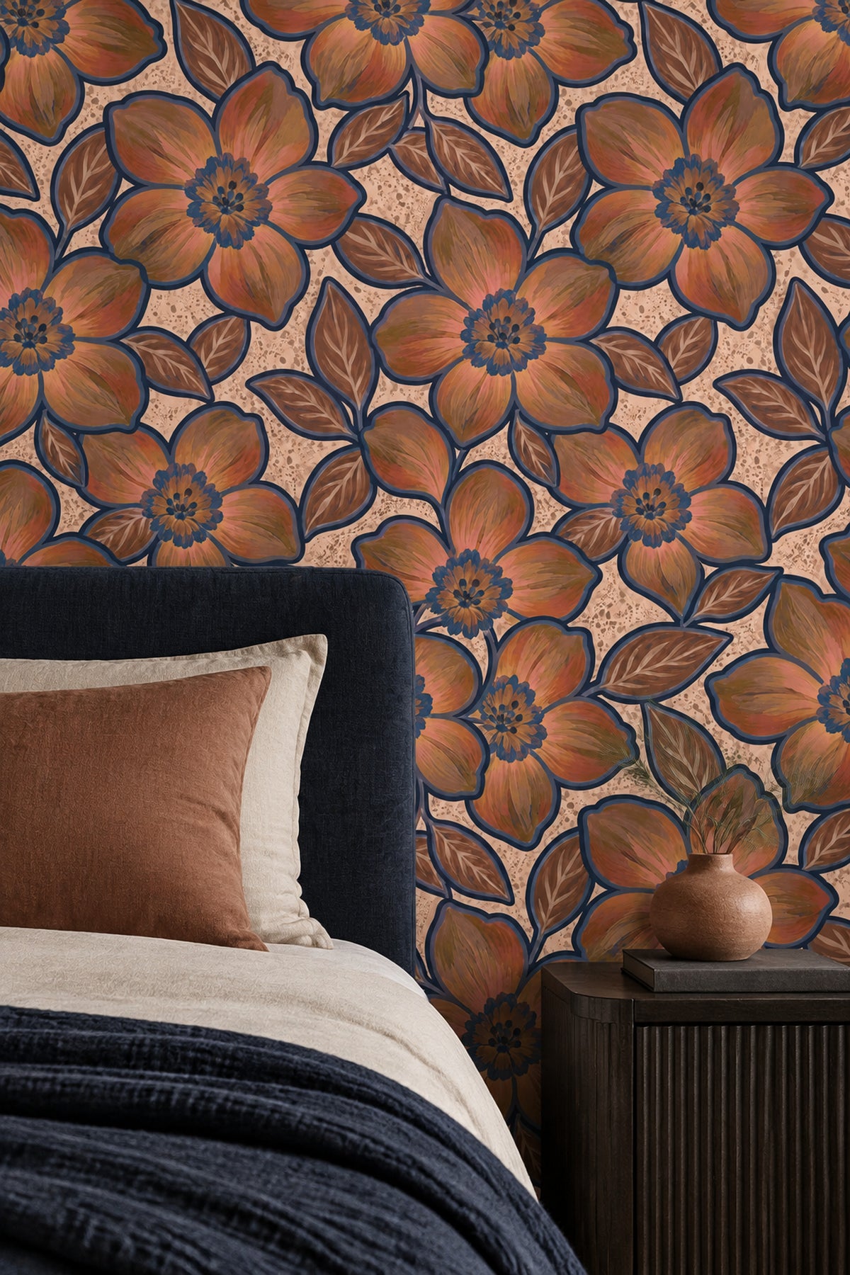 Oversized Floral Wallpaper In Earthy Tones With Navy Outlines