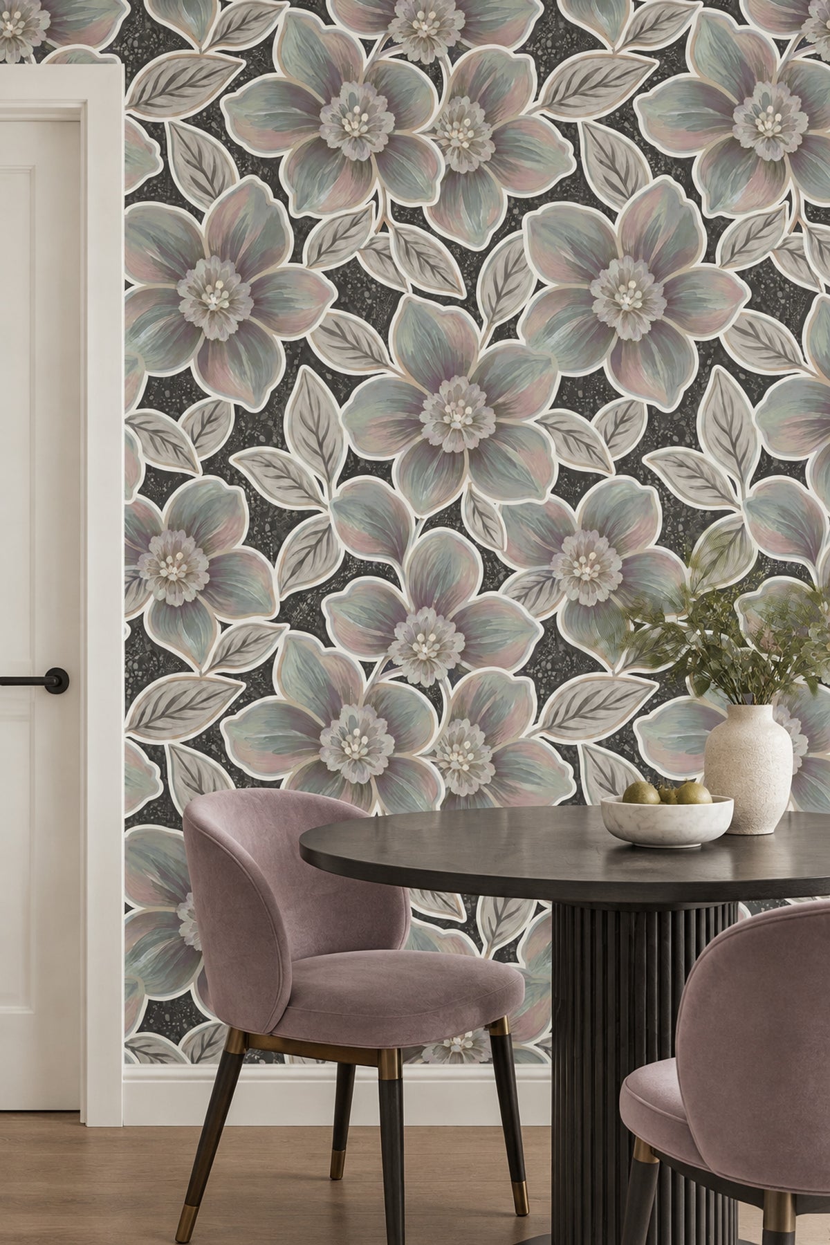 Large Pastel Flowers Wallpaper Dark Floral Charcoal Background