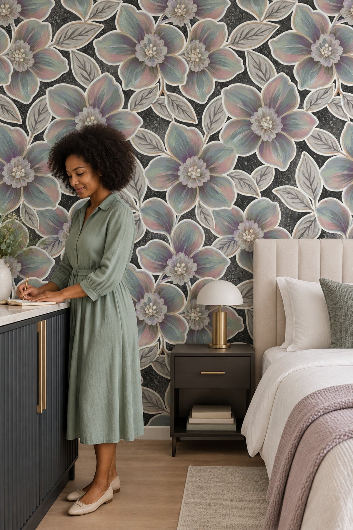 Large Pastel Flowers Wallpaper Dark Floral Charcoal Background