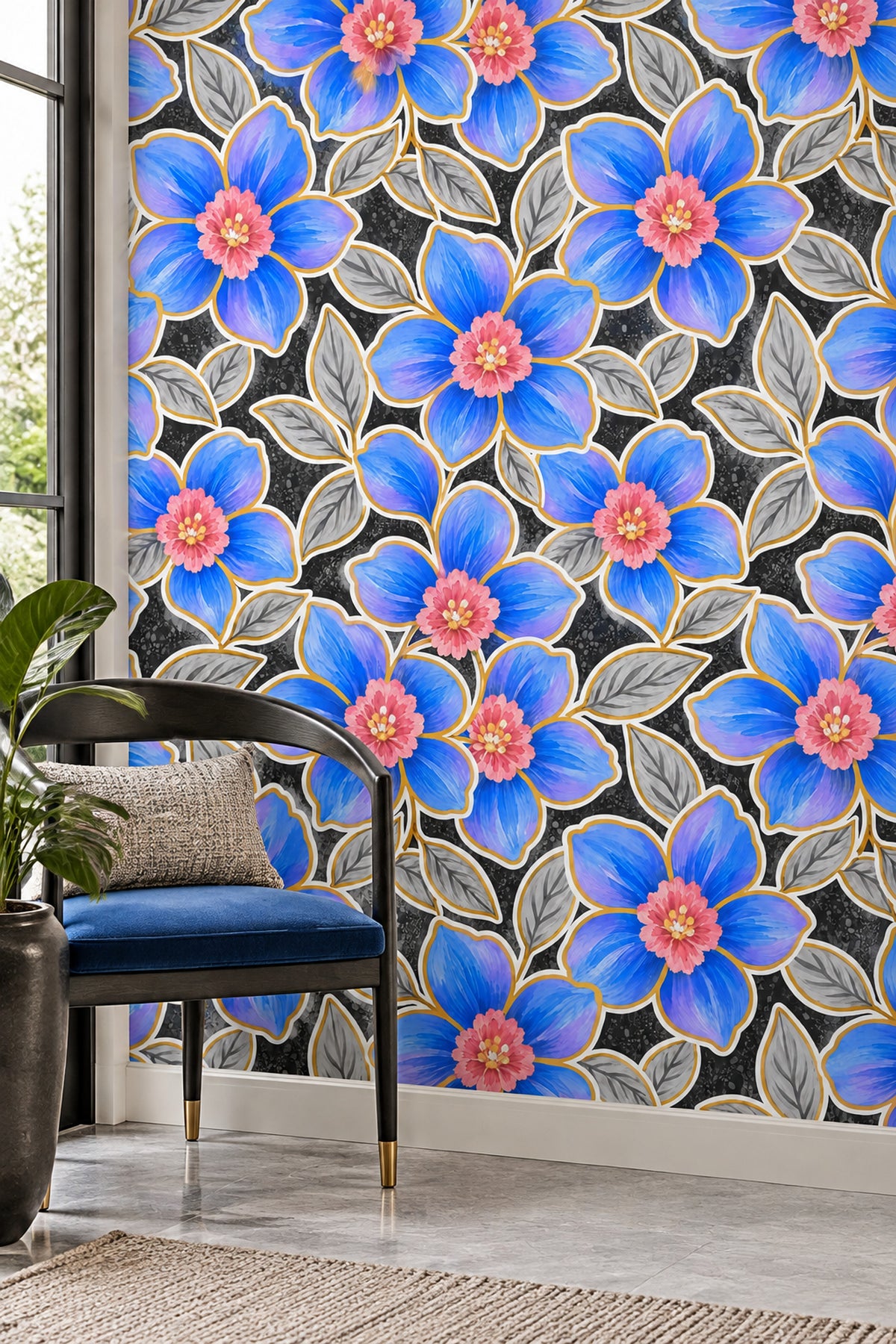 Blue Watercolor Flowers Wallpaper Dark Floral On Black