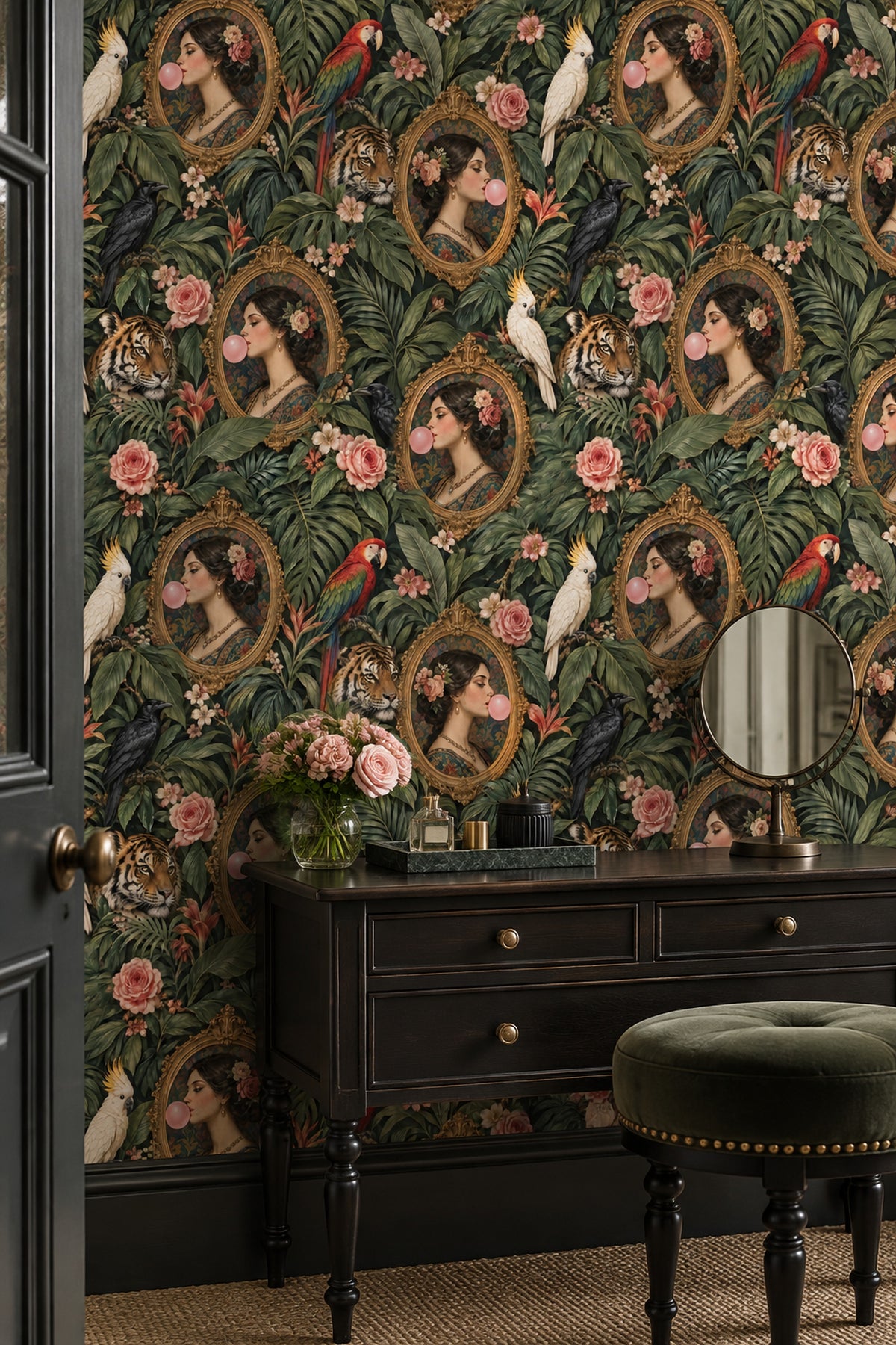 Bubblegum Portrait Jungle Wallpaper Maximalist Dark Green