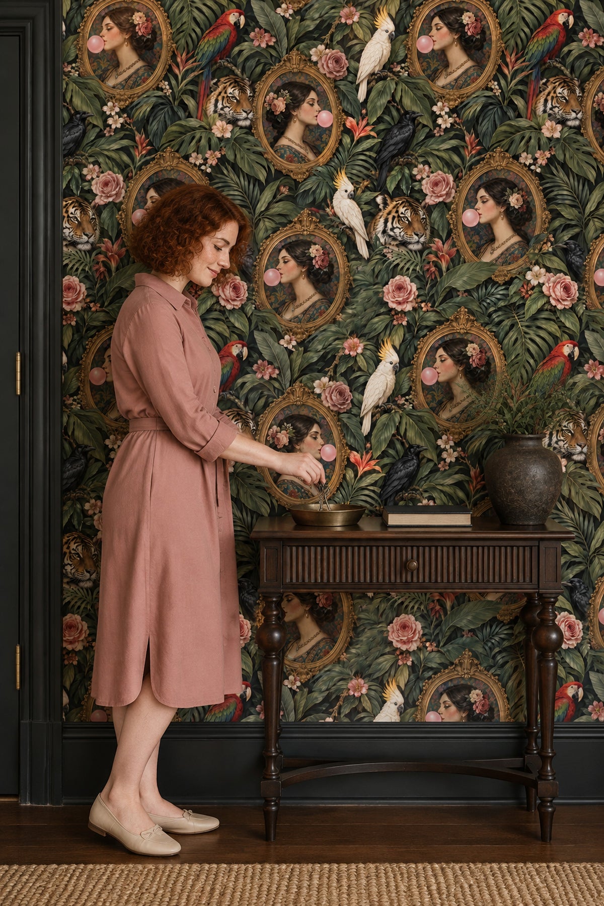Bubblegum Portrait Jungle Wallpaper Maximalist Dark Green