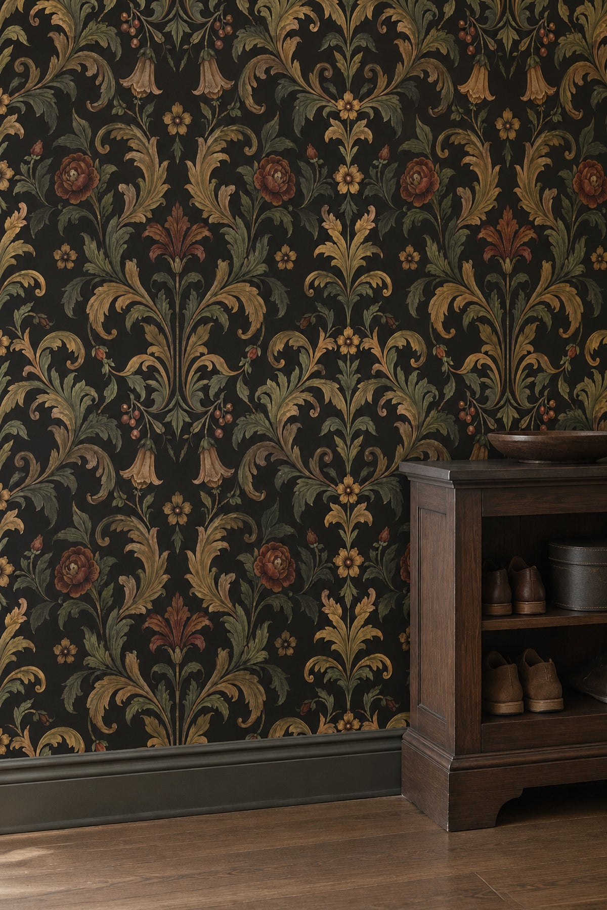 Acanthus Damask Wallpaper Dark Floral In Antique Gold And Olive