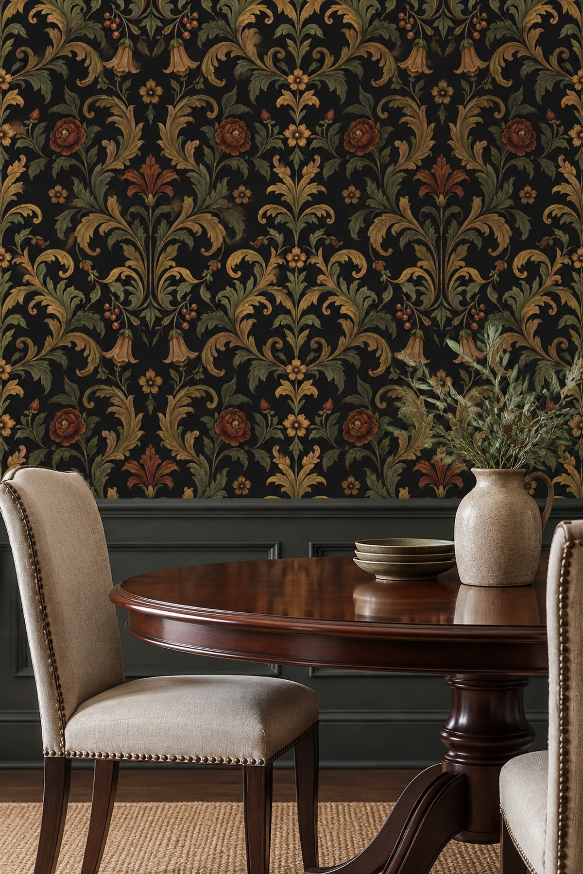 Acanthus Damask Wallpaper Dark Floral In Antique Gold And Olive