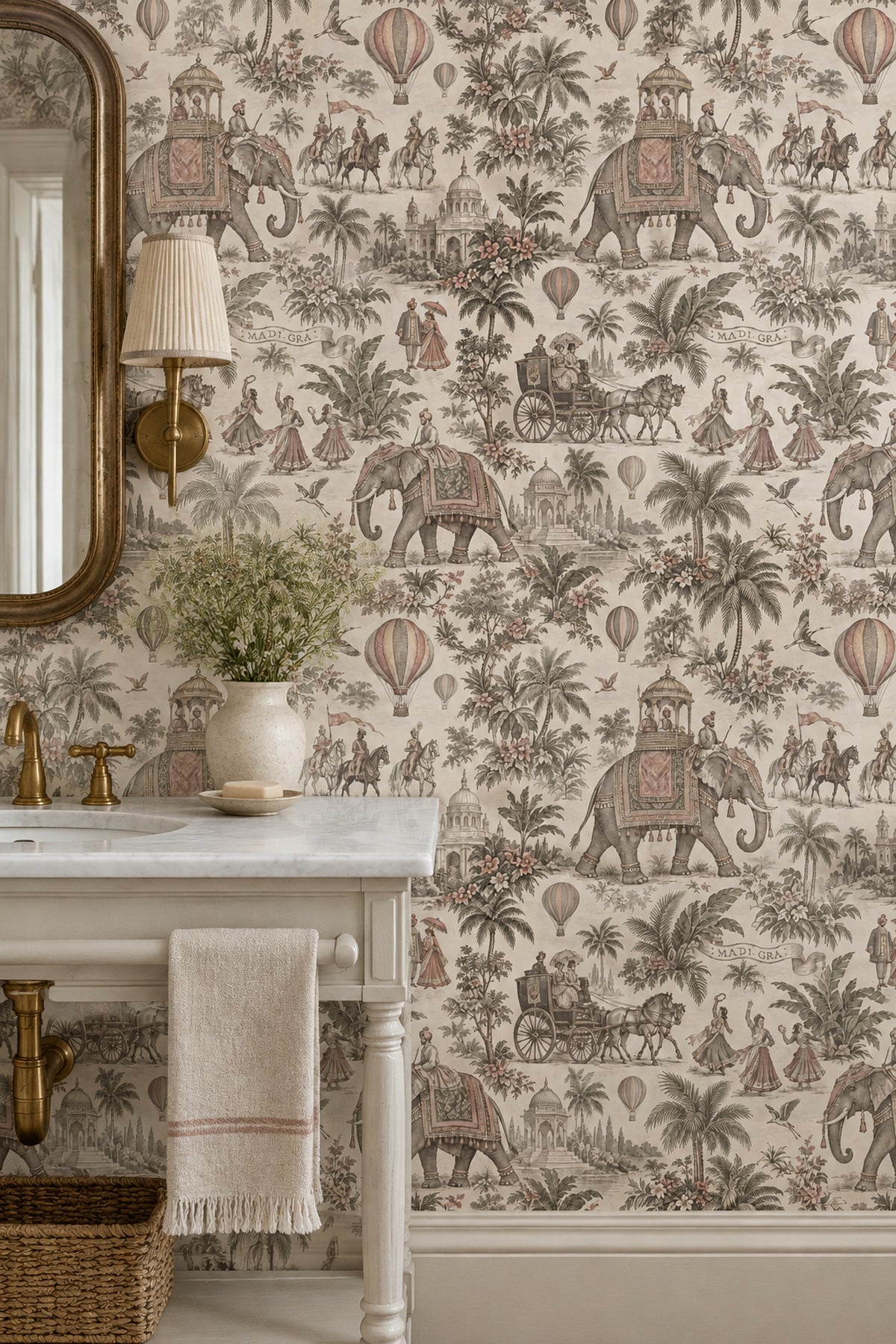 Elephant Palace Scene Wallpaper Vintage Inspired Indian Toile