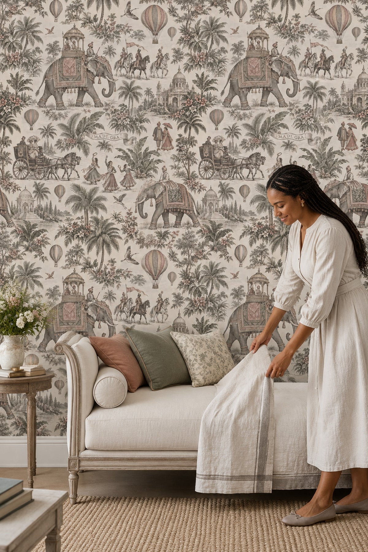 Elephant Palace Scene Wallpaper Vintage Inspired Indian Toile