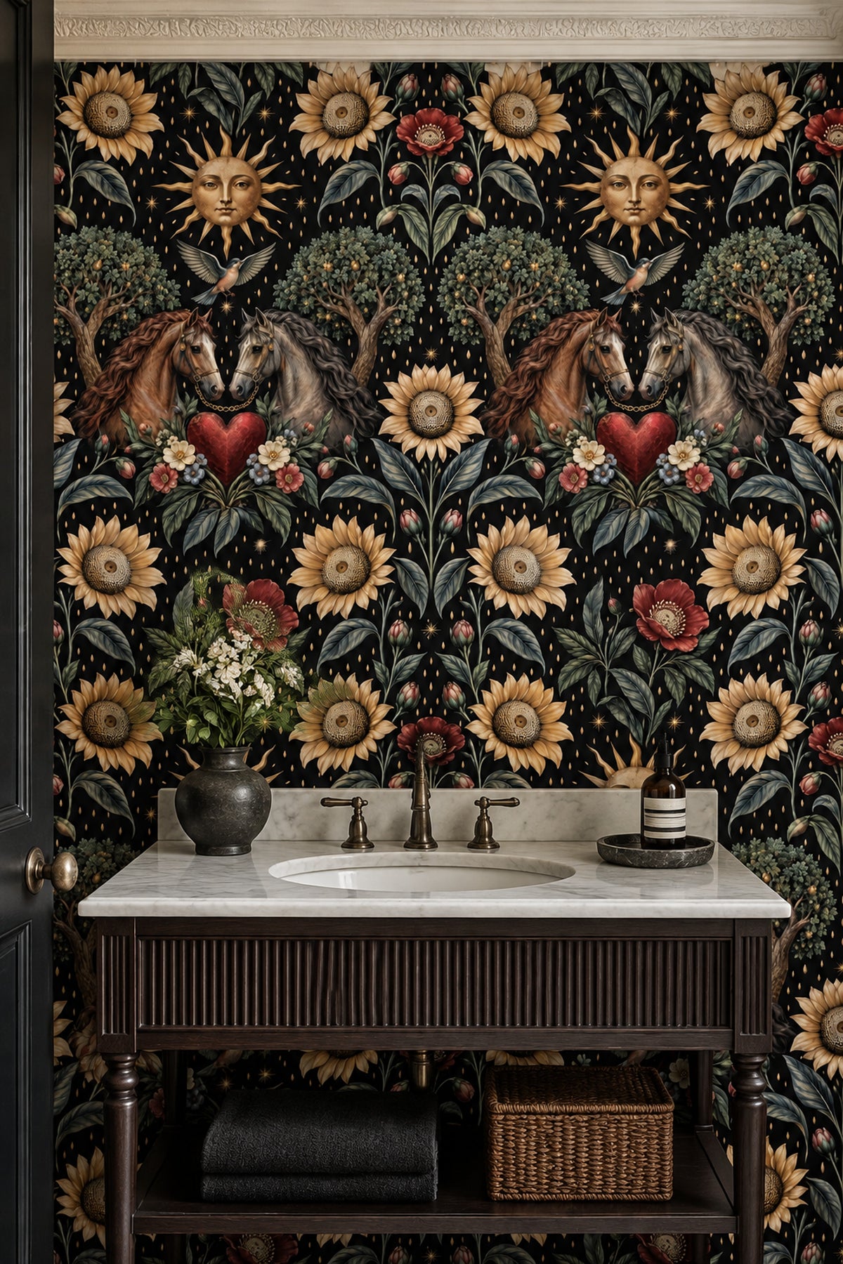 Twin Horses And Sunflower Wallpaper Dark Floral Black And Gold