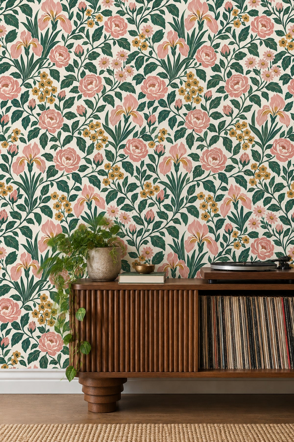 Pink Rose Botanical Wallpaper On Cream Background