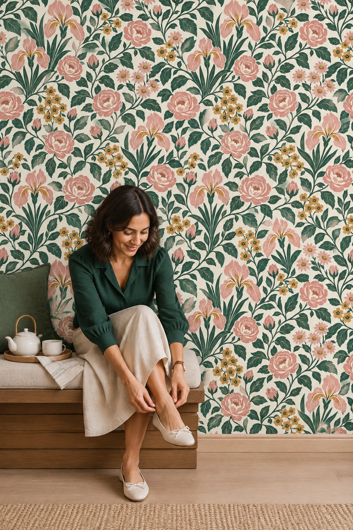 Pink Rose Botanical Wallpaper On Cream Background