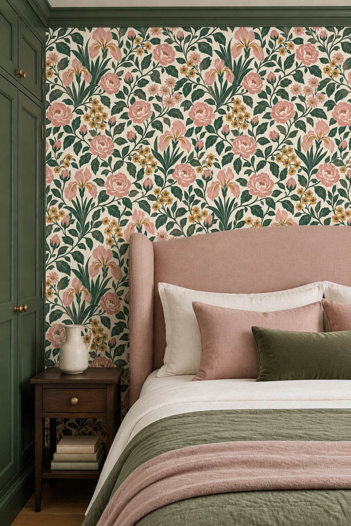 Pink Rose Botanical Wallpaper On Cream Background