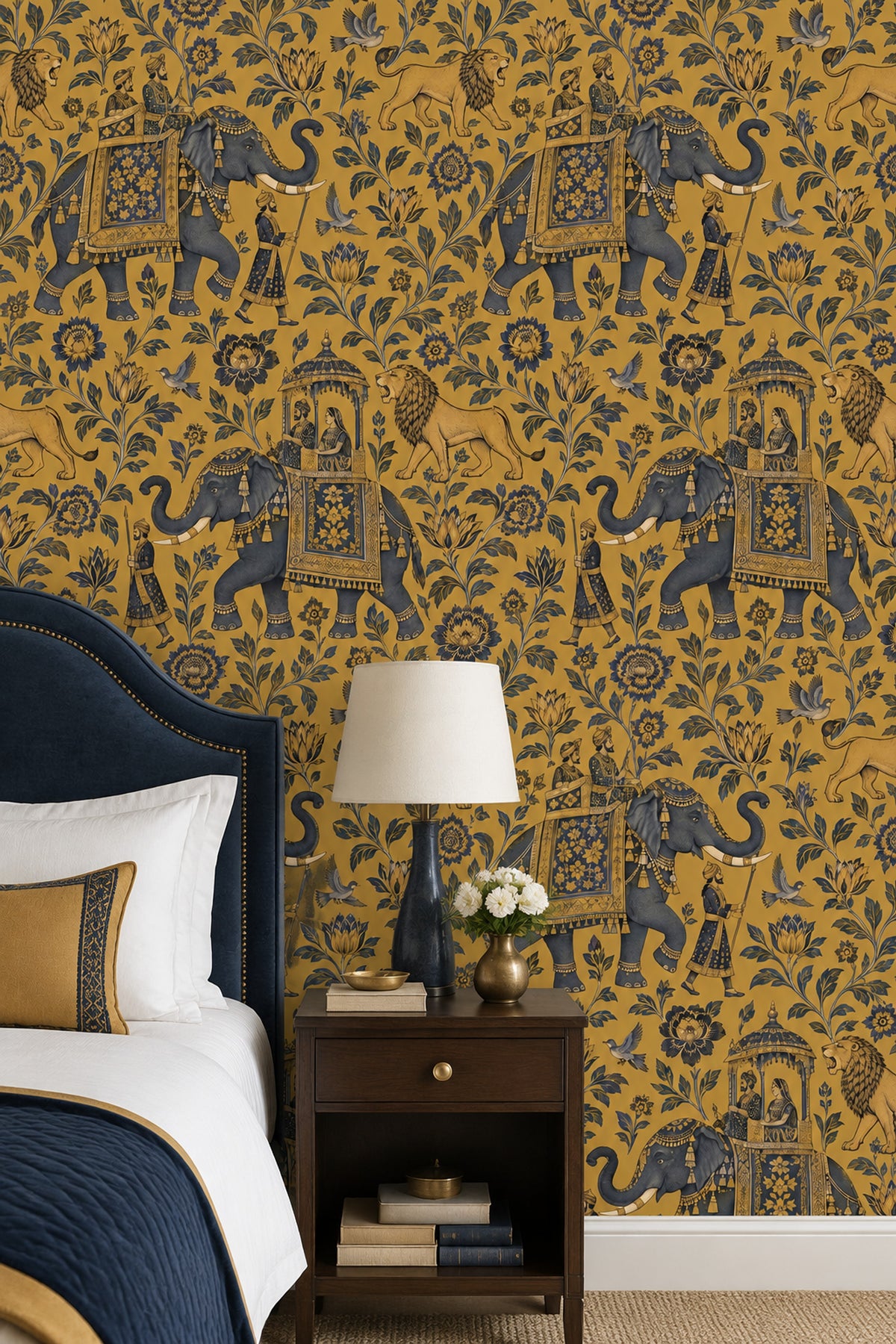 Royal Elephant Procession Wallpaper Gold Background Vintage Inspired Toile