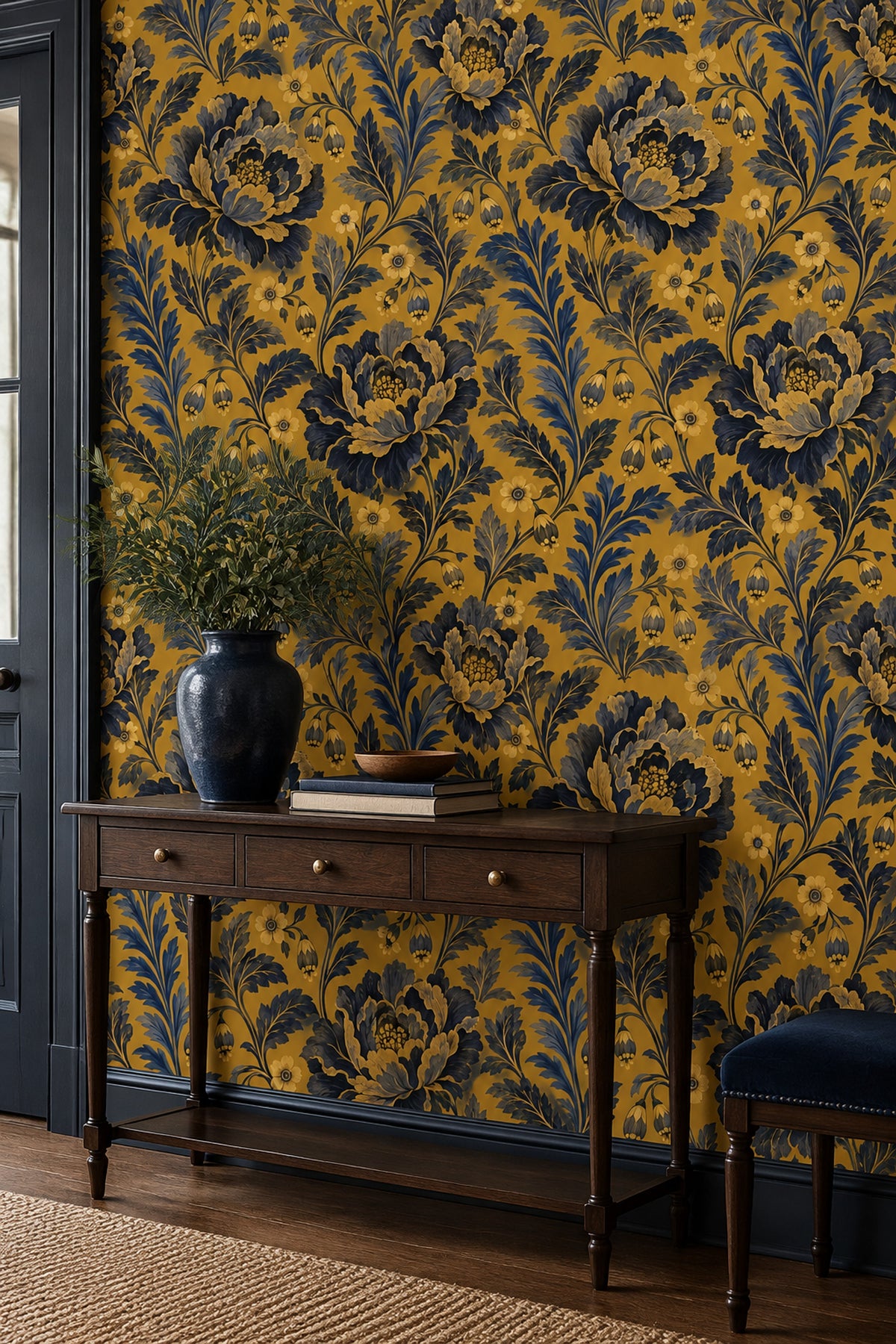 Peony Flowers Wallpaper Mustard Gold With Navy Leaves